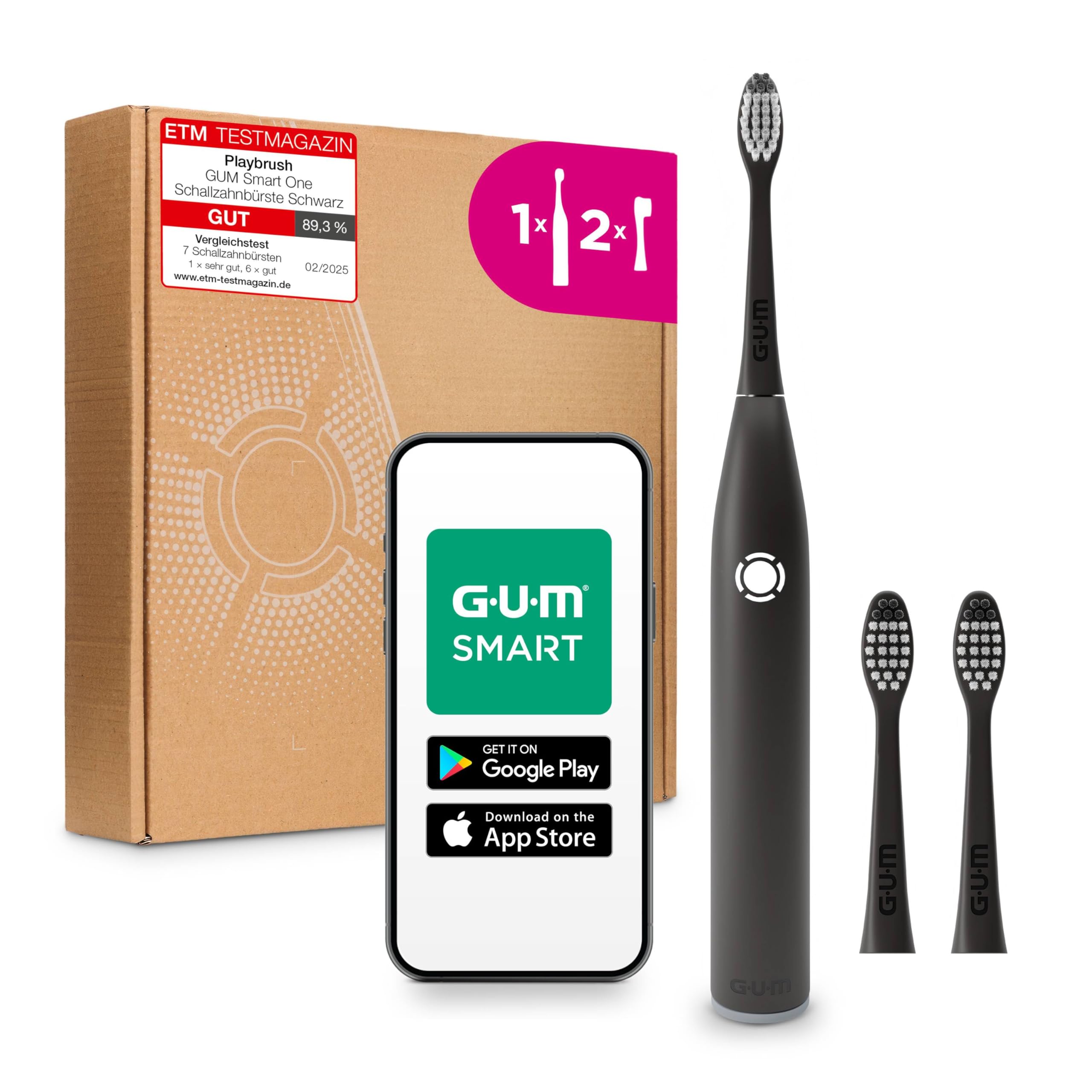 GUM SMART ONE elektrische Zahnbürste | Geschwindigkeitskontrolle | Timer | 4 Putzmodi | 6 Wochen Akkulaufzeit | GUM SMART App | 1x Schall-Zahnbürste | 2x Bürstenköpfe | Schwarz