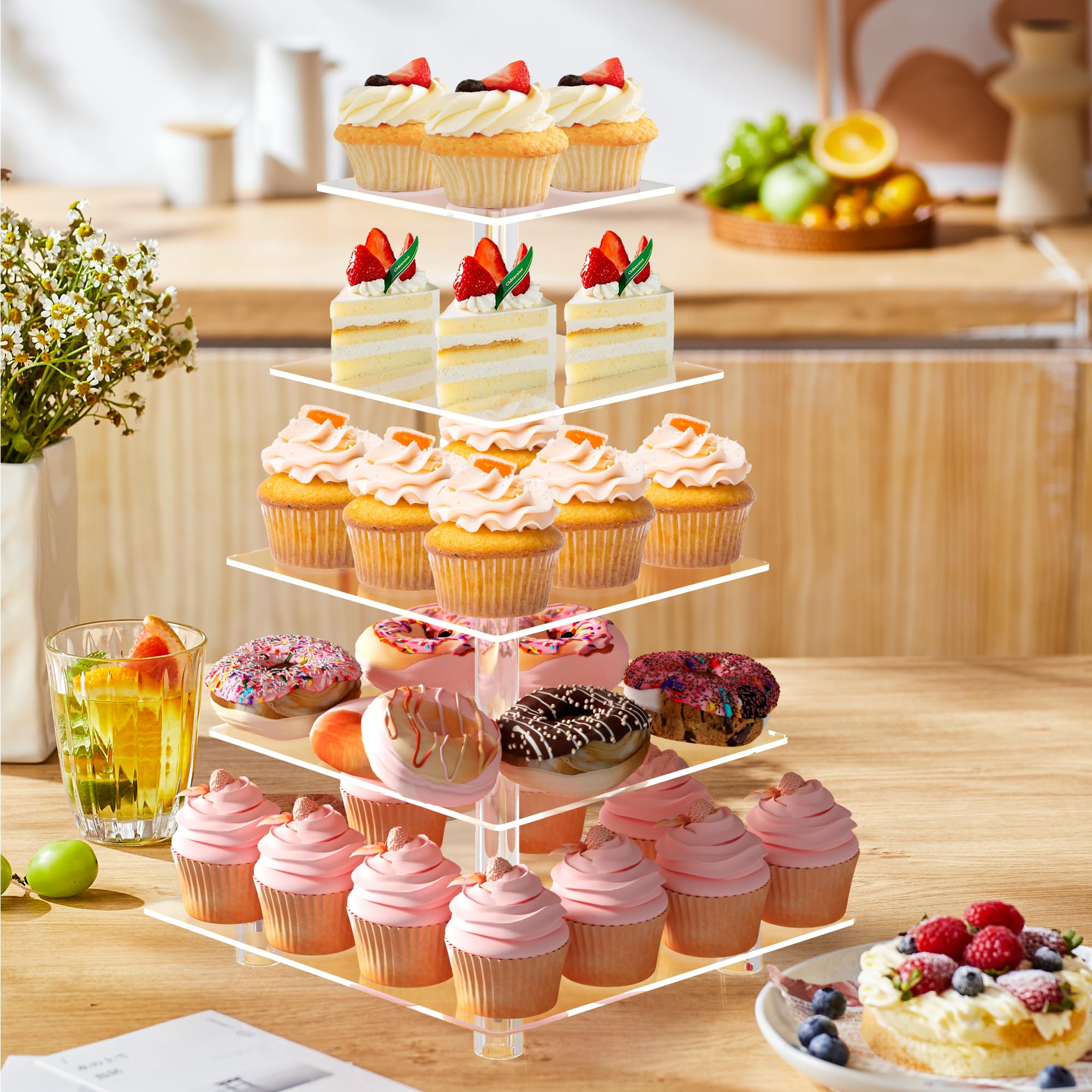 3-laags acryl cupcake standaard, hartvormige taartstandaard voor