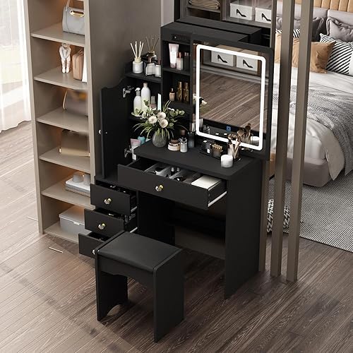 Miniatura 9 de Hitow Juego de escritorio de tocador con espejo deslizante, tocador de maquillaje con cajón y estante, tocador con taburete de cojín, juego de
