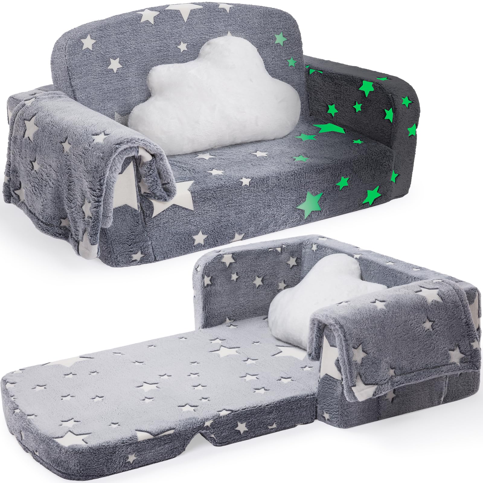 extra wide kids couch, 2-in-1 soft toddler couch with blanket, glow in the dark, comfy toddler chair with cloud pillow, convertible sofa to lounger, star