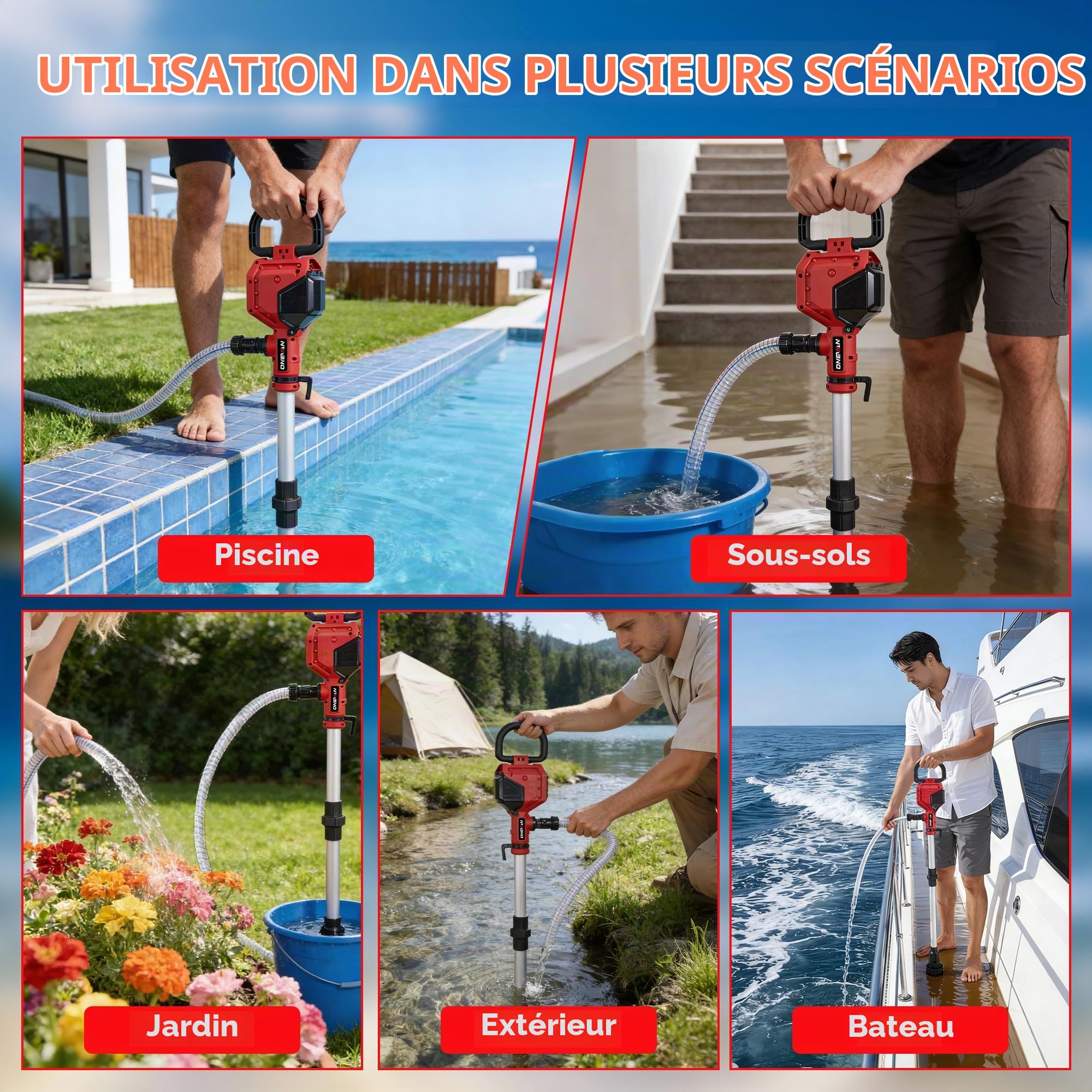 ONEVAN Pompe à Eau sans Fil avec Perche Télescopique, 2x 3,0Ah Batteries | Débit de 2740 l/h, hauteur de refoulement de 10m, tube télescopique de 90 cm, brushless, pour le drainage et l'irrigation