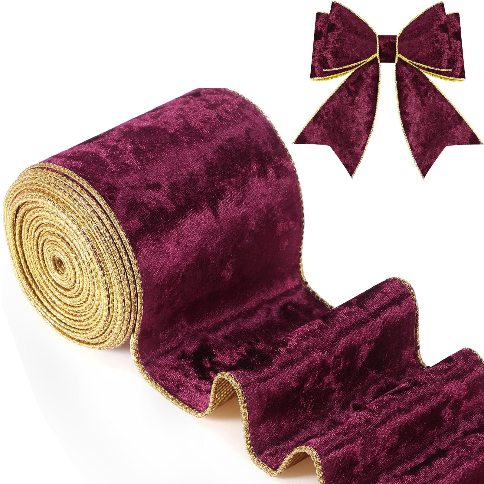 Riceshoot4 Inch Velvet Ribbon 10 Yards Wide Wired Velvet Ribbon with Gold Edge for Halloween Wrapping Bow Gift Box DIY Craft(Burgundy)