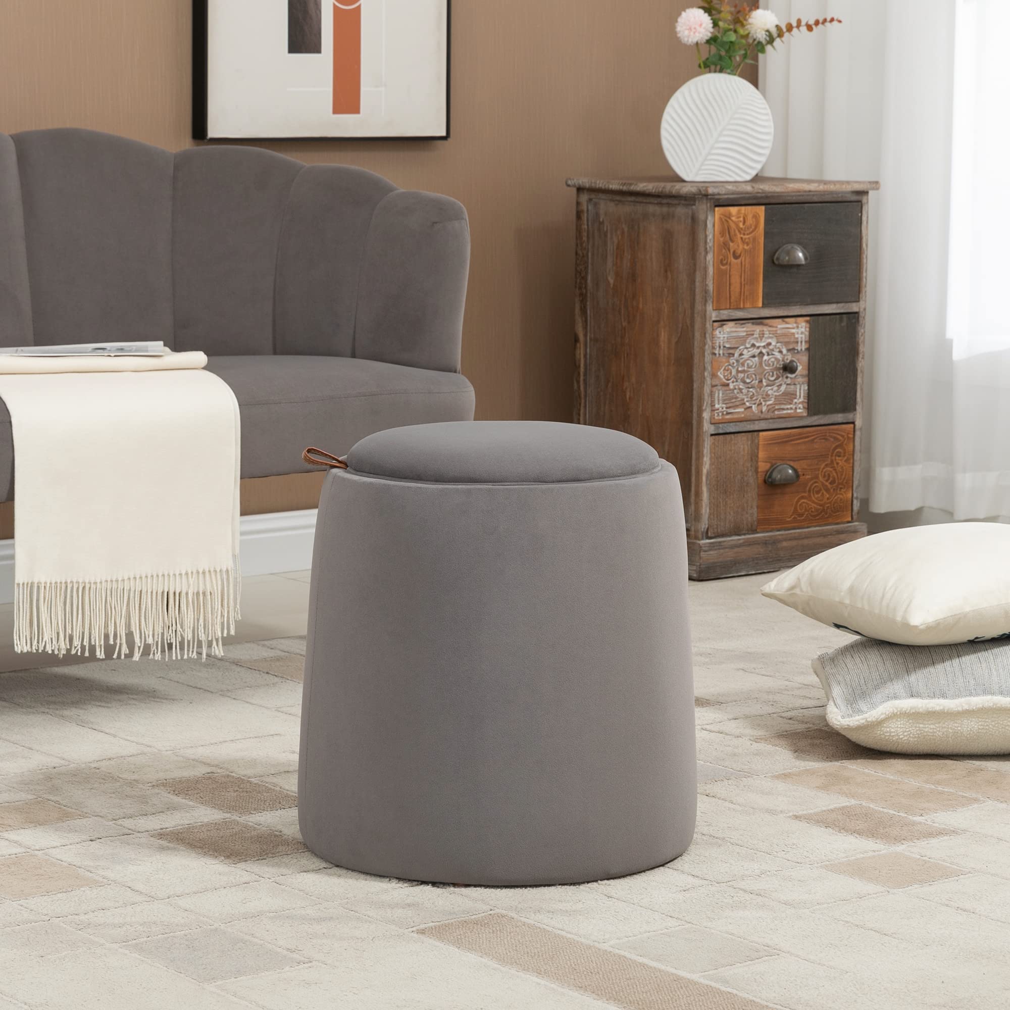 HOMCOM Pouf Poggiapiedi in Velluto con Contenitore, Coperchio 2 in 1 con Imbottitura e Lato in Legno, Tavolino da Caffè Rotondo Ø44 x 47.5cm, Grigio