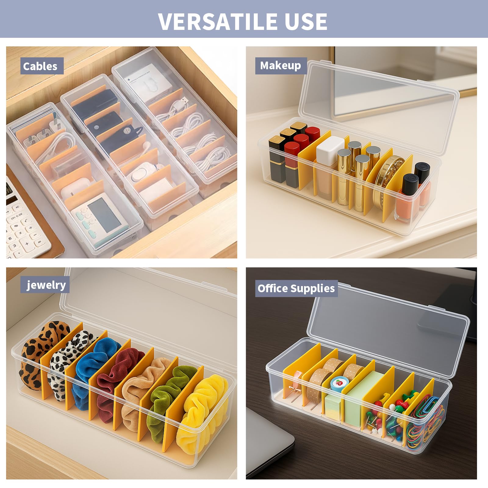 2 Pièces Boîte Rangement Câble avec 16 Attaches, Boîte Câble Transparente avec 7 Séparateurs – Organisateur de Câble pour Bureau, Maison, Boîte à Câble pour Chargeurs et Accessoires