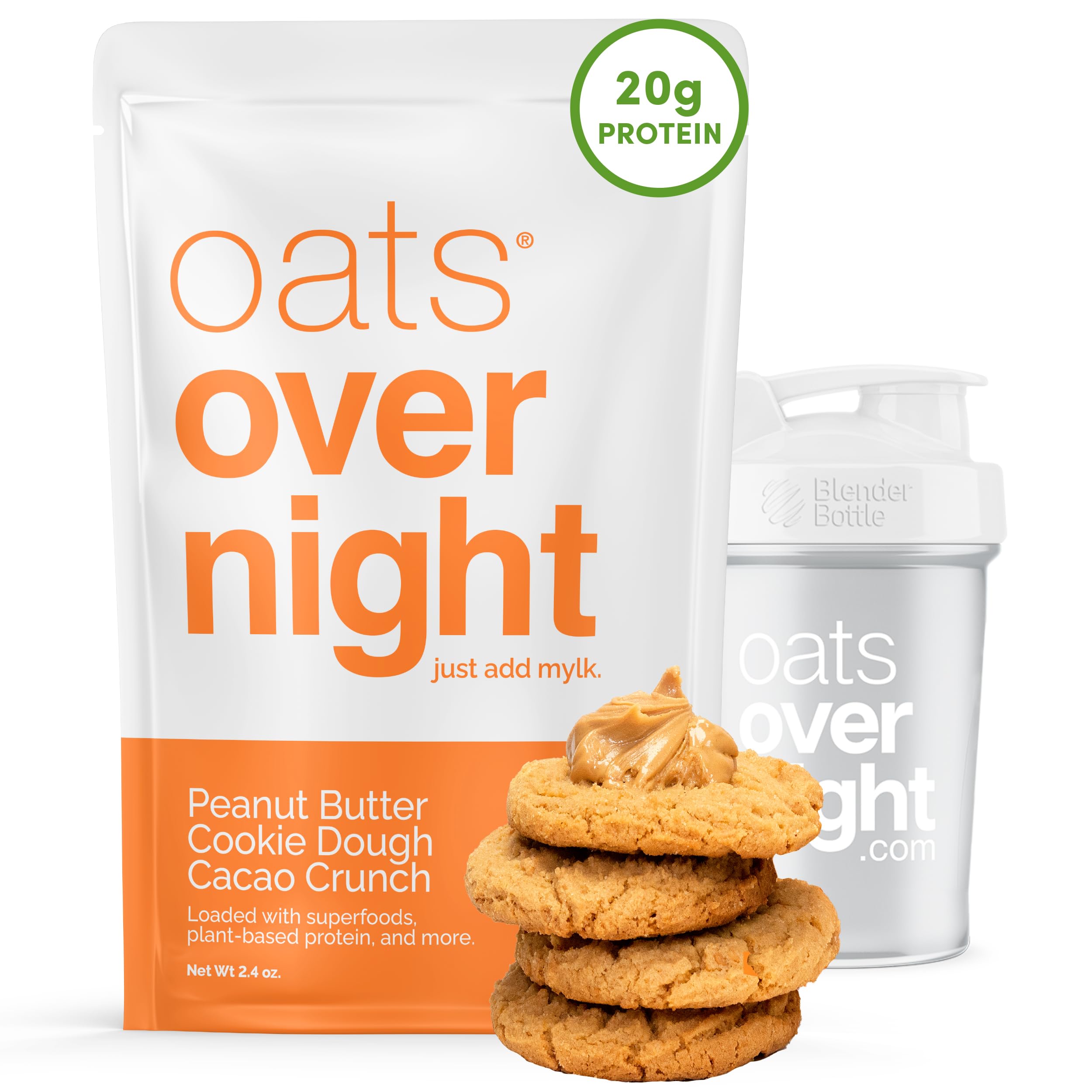 Oats OvernightPeanut Butter Chocolate Chip - Vegan Overnight Oats Protein Shake with 20g Protein - High Fiber, Gluten Free, Dairy Free Oatmeal (2.4 oz per Meal) (8 Pack + Shaker Bottle)