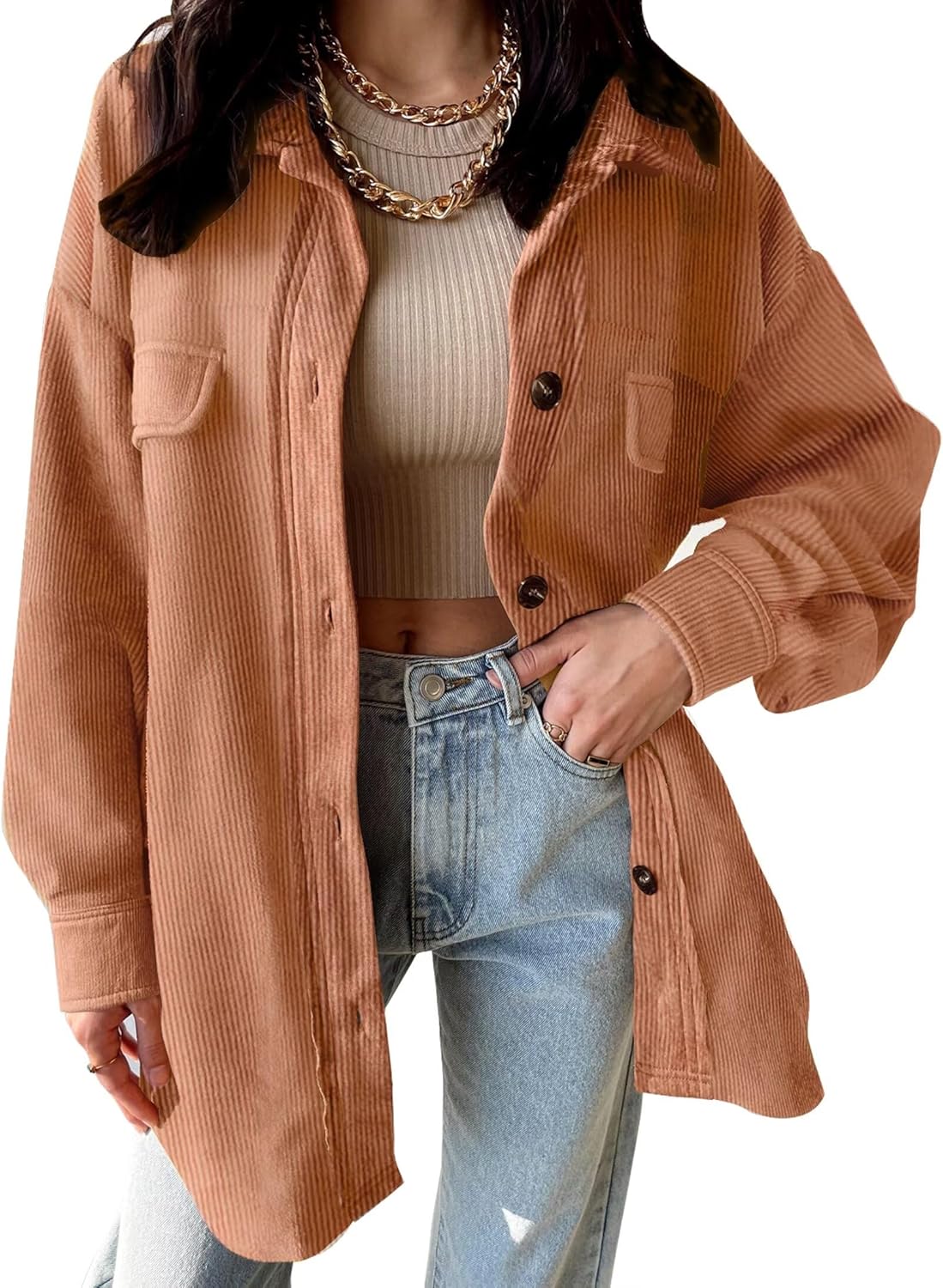 VICHYIE Womens Corduroy Shacket Blouses Button Down Shirts Pocket Long Sleeves Tops Jacket Coats VICHYIE Womens Corduroy Shacket Blouses Button Down Shirts Pocket Long Sleeves Tops Jacket Coats