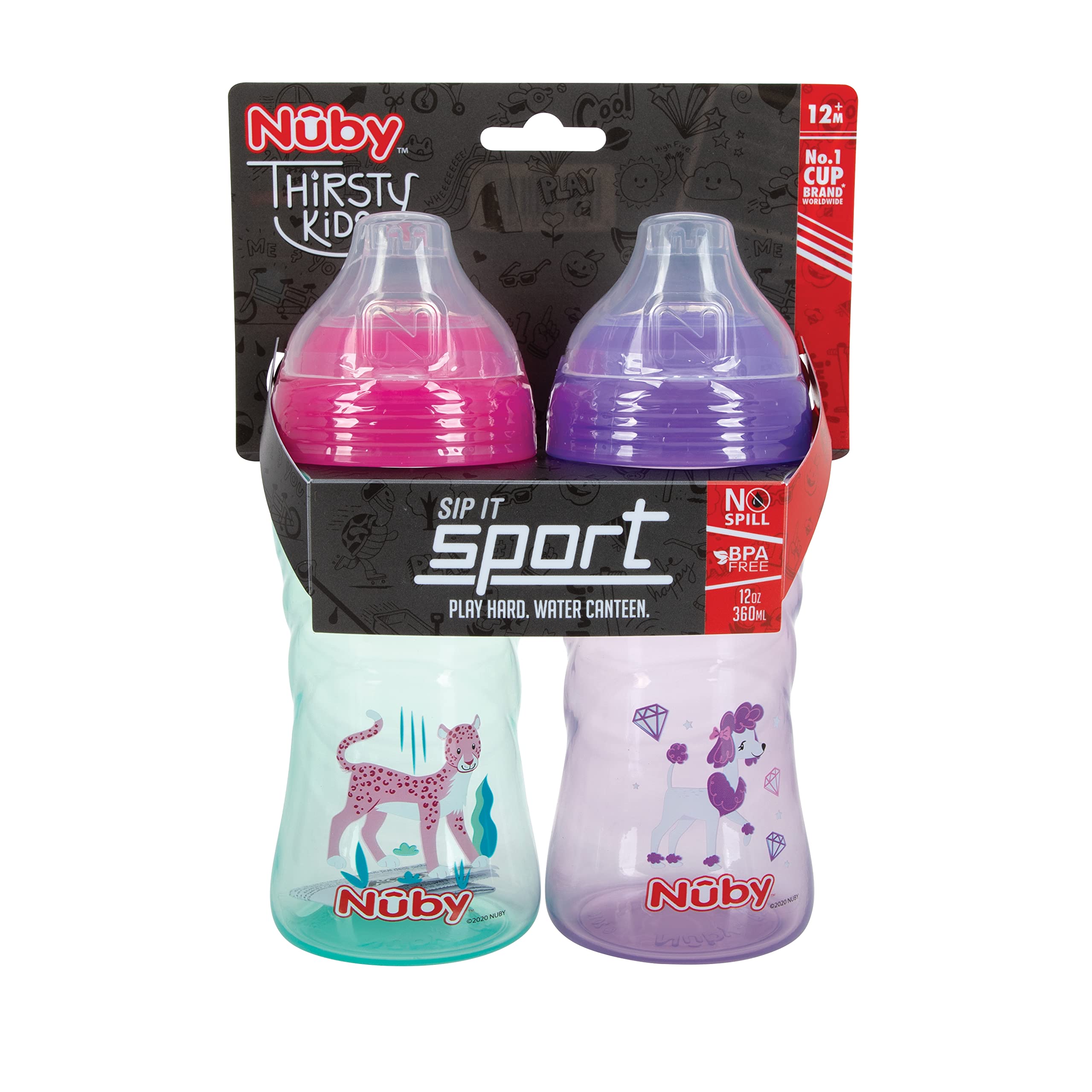 Nuby Paquete de 2 vasos deportivos sin derrames con boquilla suave y tapa, 12 onzas, más de 12 meses, 2 unidades, la impresión puede variar