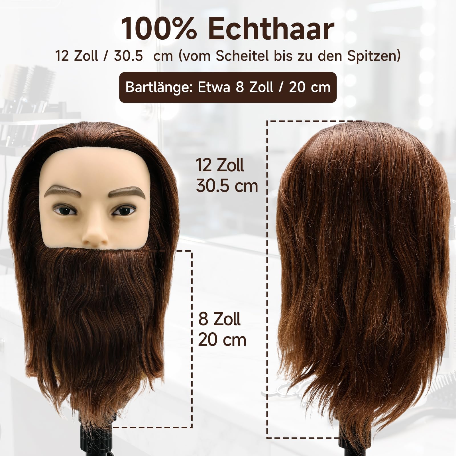 TwoWin 12 Zoll (30.5 cm) Mann Frisierkopf Echthaar mit Bart, Friseur Übungskopf Mannequin Head mit Tischklemme (Braun)