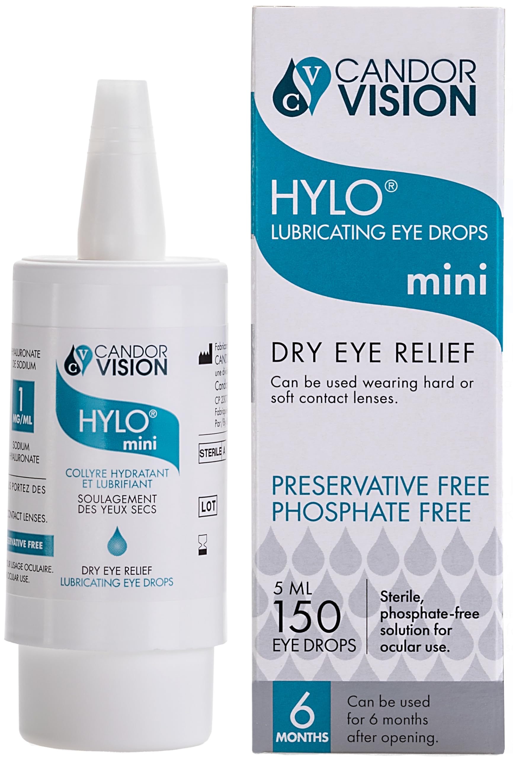 CandorVision HYLO® mini Preservative-Free Lubricating Eye Drops (150 Drops, 5ml), Immediate Long-lasting Dry Eye Relief, High Quality Sodium Hyaluronate, 6-Month Sterility, Contact Lens Compatible - 1