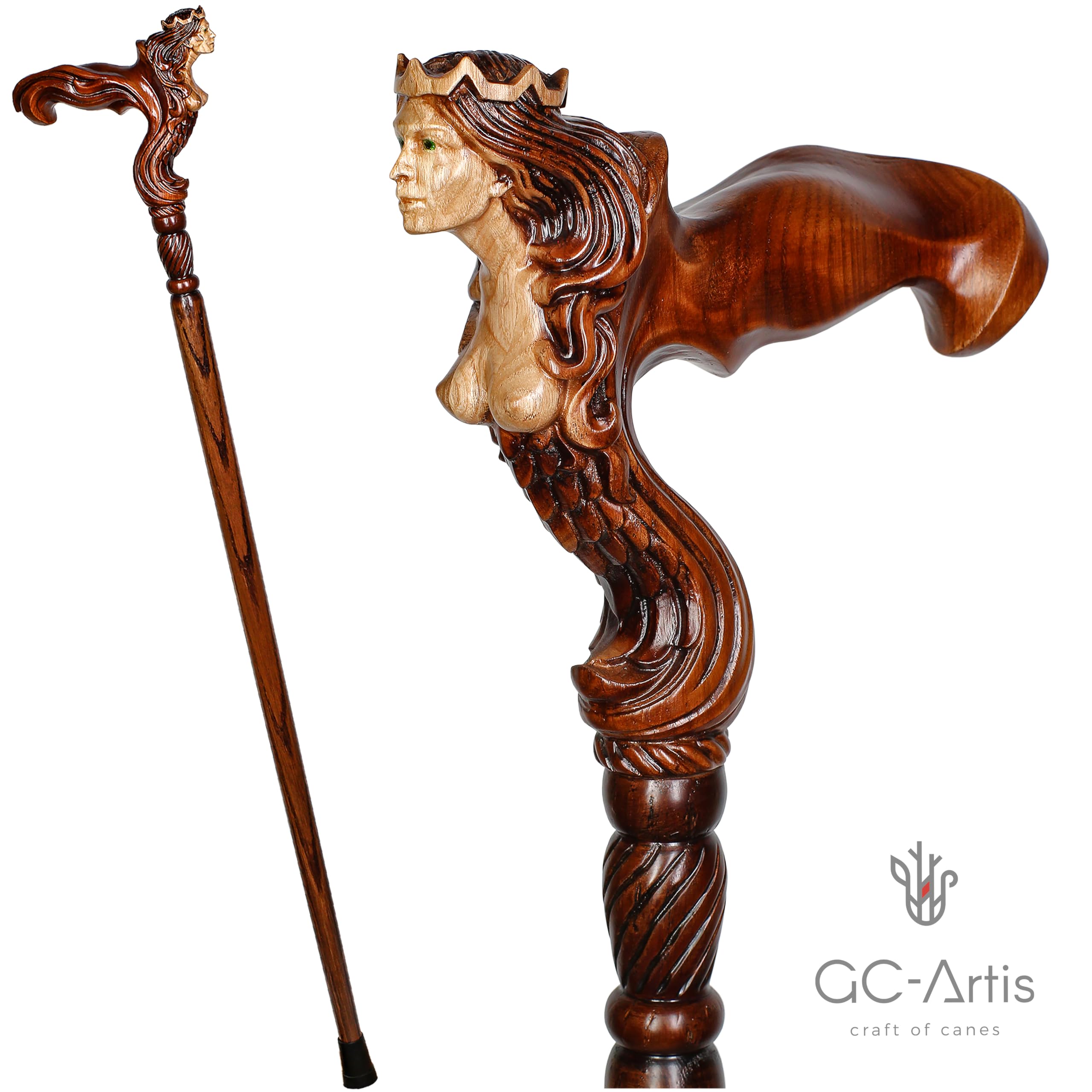 GC-Artis Siren Head Wooden Cane - Handmade, Ergonomic, Comfort Grip Cane - Wood Carved Canes for Men and Women - Fashionable Wooden Walking Stick - Left-hand Version Cane 36