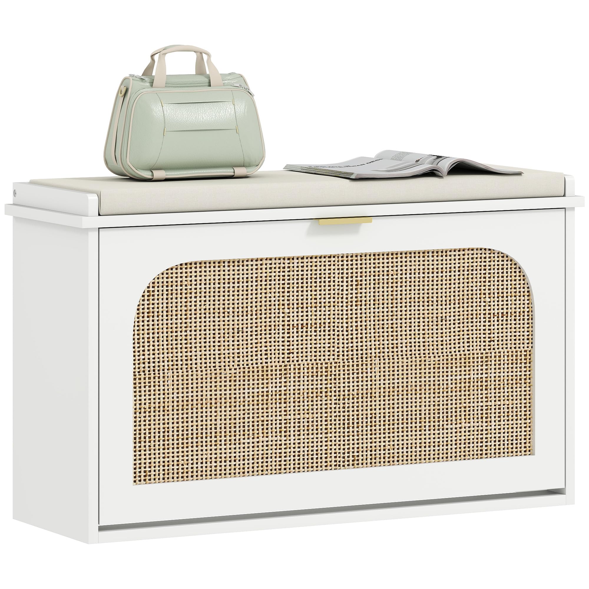 Homcom White Boho Shoe Bench With Padded Seat & Flip-Drawer In