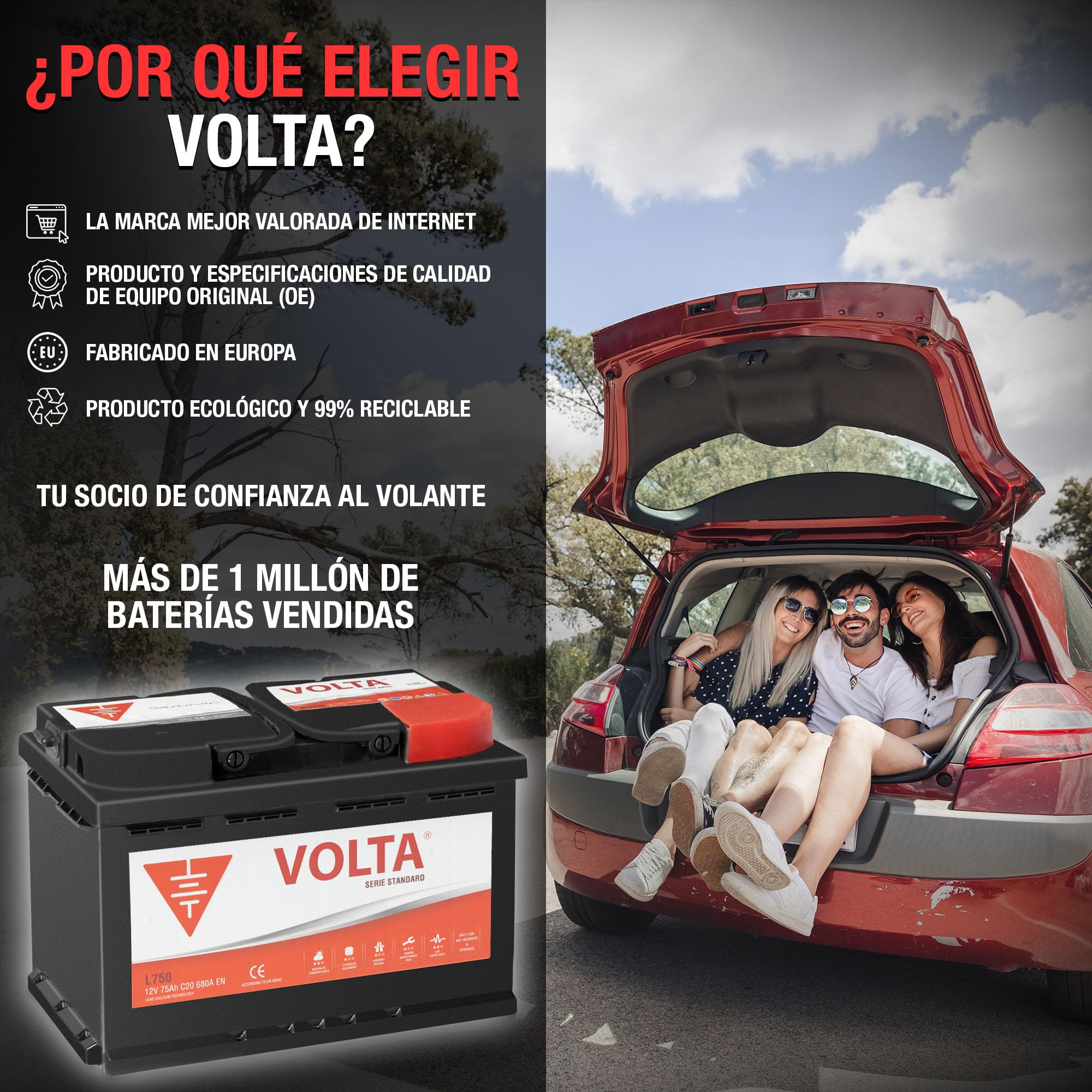 Bateria de Coche 75Ah 680A - Volta L750D - Borne +Dcha - Medidas Largo 278 x Ancho 175 x Alto 190 mm con 2 años de Garantía - Fabricación Europea.