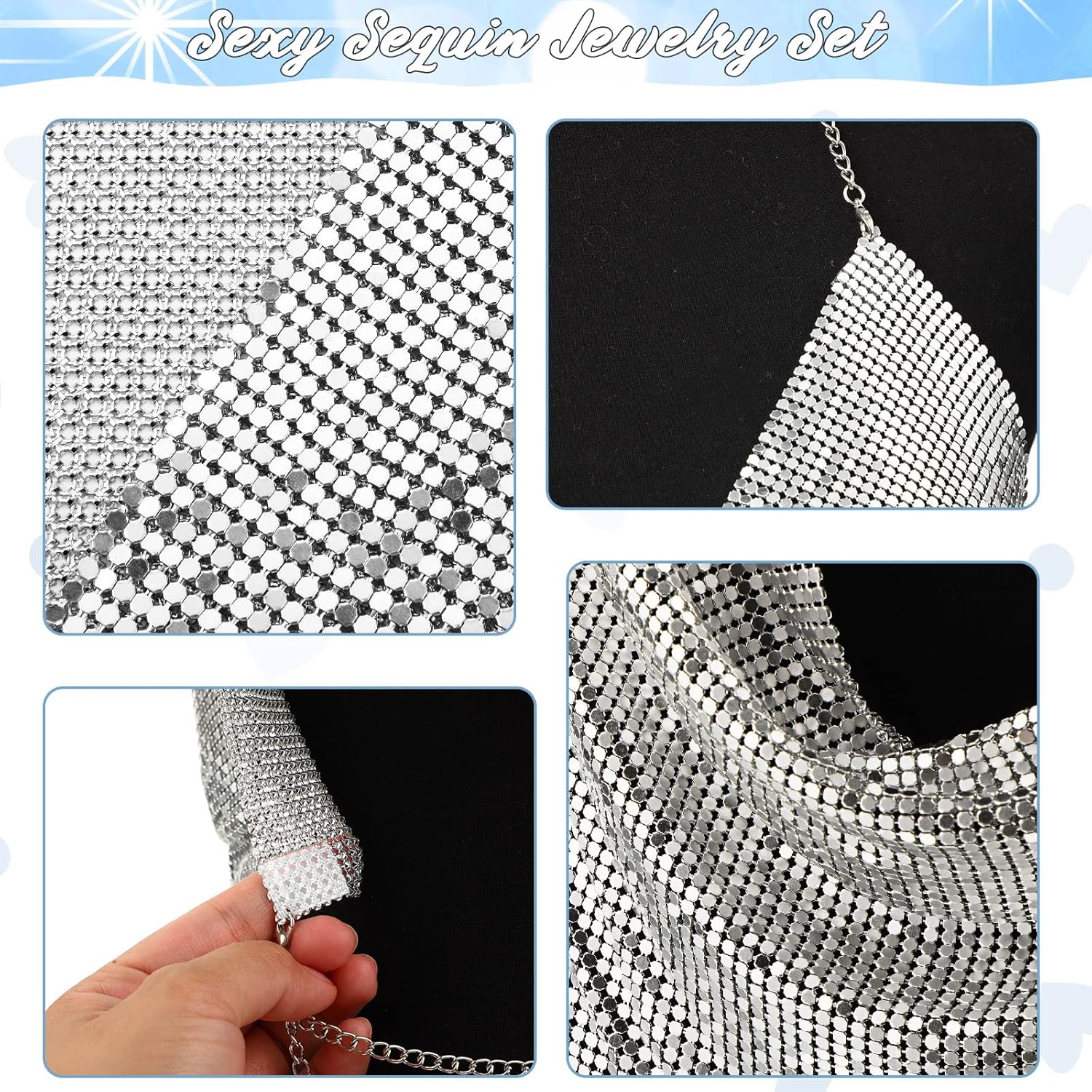 Miniatura 7 de Women Shiny Tank Top Crystal Body Chain Set Sequins Neck Chain Crop Top Shirt Top Bikini with Nipple Cover Double Sided Tape