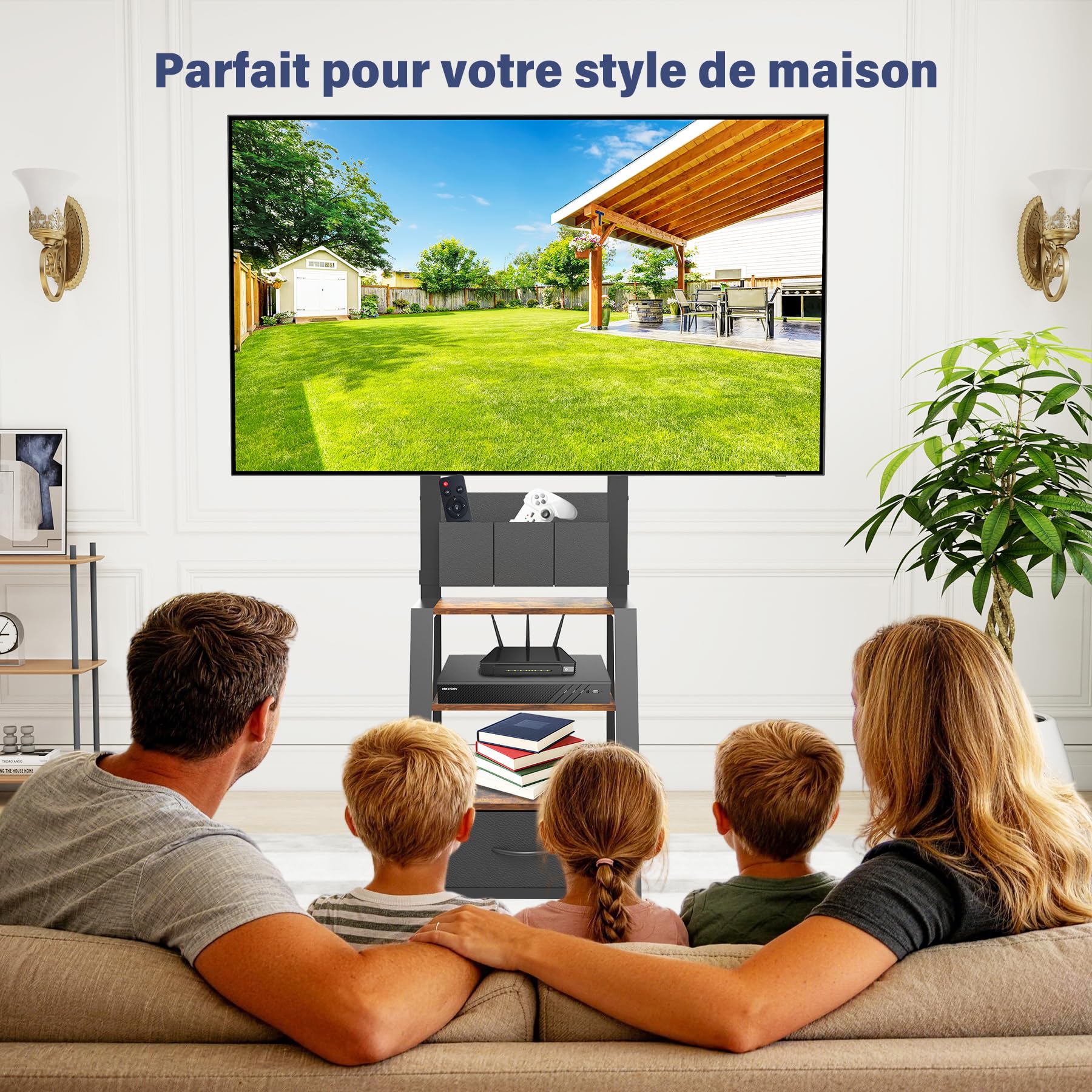 Support TV à roulettes avec tiroir et 3 Niveaux, Plats/incurvés de 23"-60" LCD/LED/OLED. Hauteur réglable Chariot TV Mobile avec roulettes pour Maison, Bureau et l'extérieur. VESA Max 400 x 400 mm