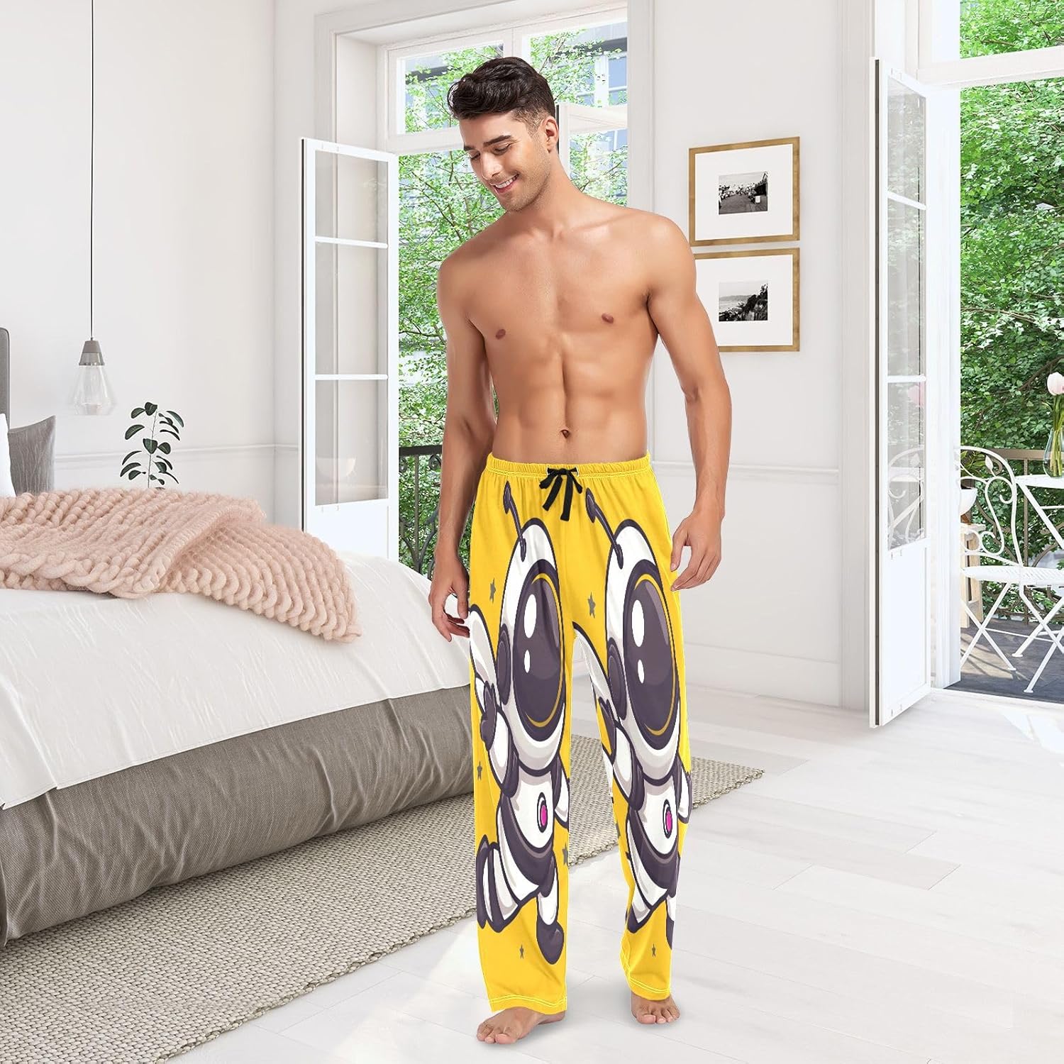 ALAZA Cute Bee Astronaut Cartoon Men's Pajama Pants Men Cotton Pajama Bottoms with Pockets, S