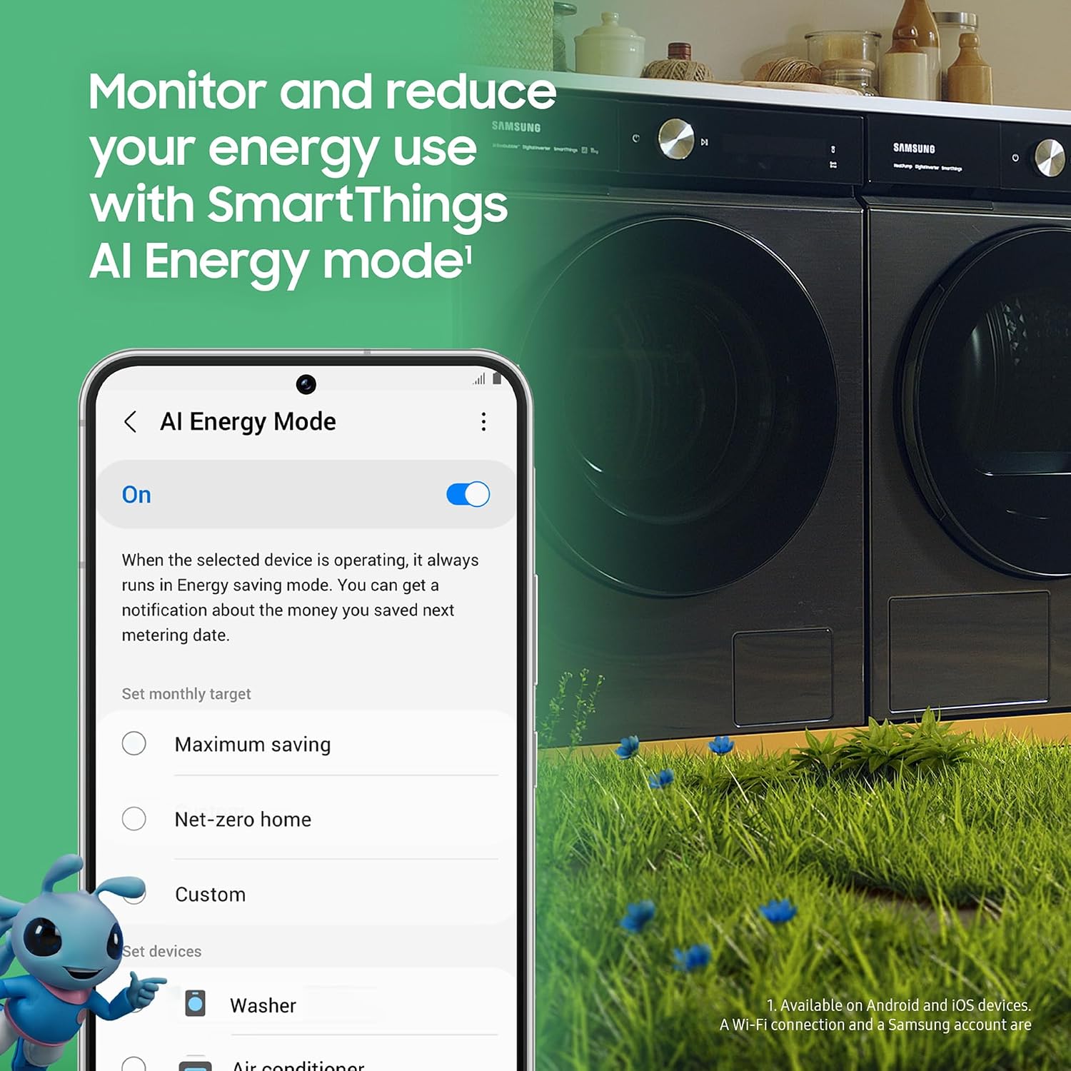 Smartphone screen showing the SmartThings AI Energy Mode interface, with options for maximum saving, net-zero home, and custom settings.