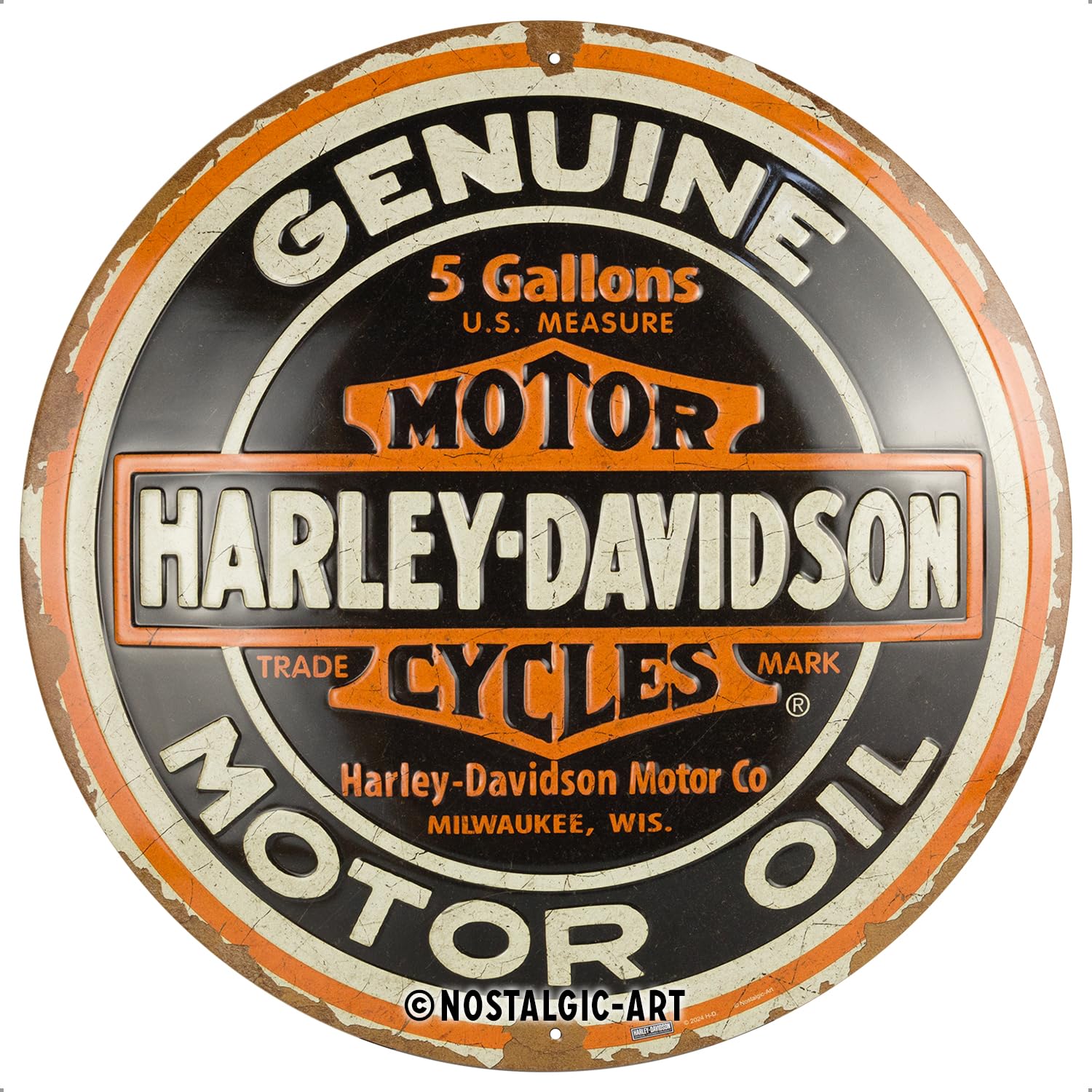 Nostalgic-Art Targa retrò, Ø 35 cm, Harley-Davidson – Genuine Motor Oil – Idee regalo per biker, Official License Product (OLP), in metallo, design vintage