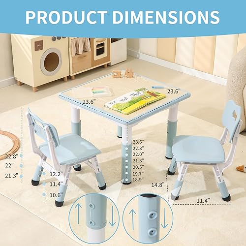 Miniatura 2 de Kids Table and 2 Chairs Set, Height Adjustable Toddler Table and Chairs with Anti-Slip Foot Covers, Graffiti Desktop Arts & Crafts Table for Gris