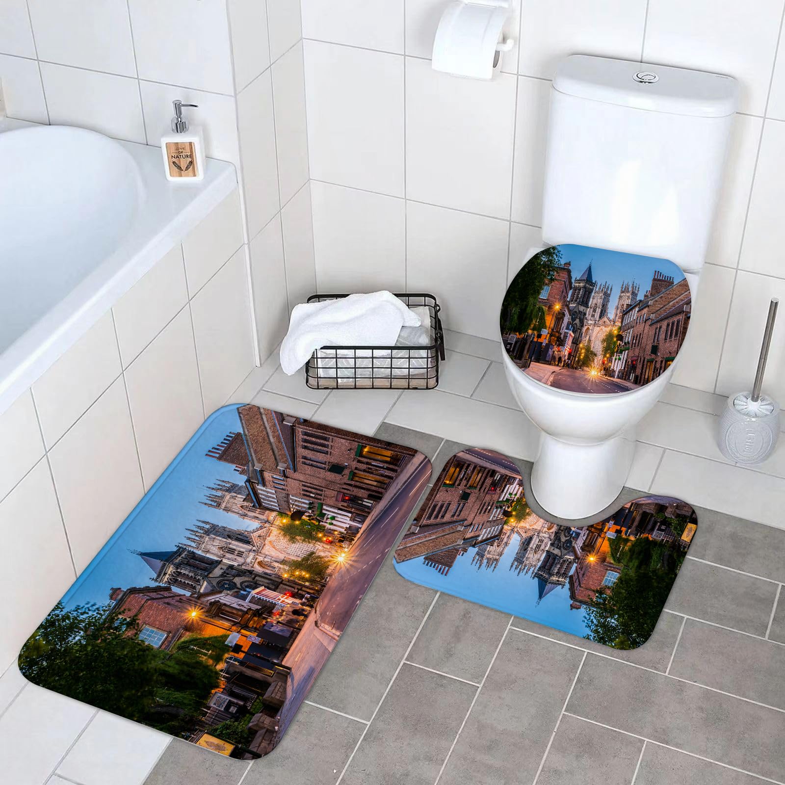 Set di 3 tappetini da Bagno, Lavabili in Lavatrice e Antiscivolo, tappetini in Morbida Fibra Superfine, Decorazioni Gotiche, Vista della Cattedrale di York.