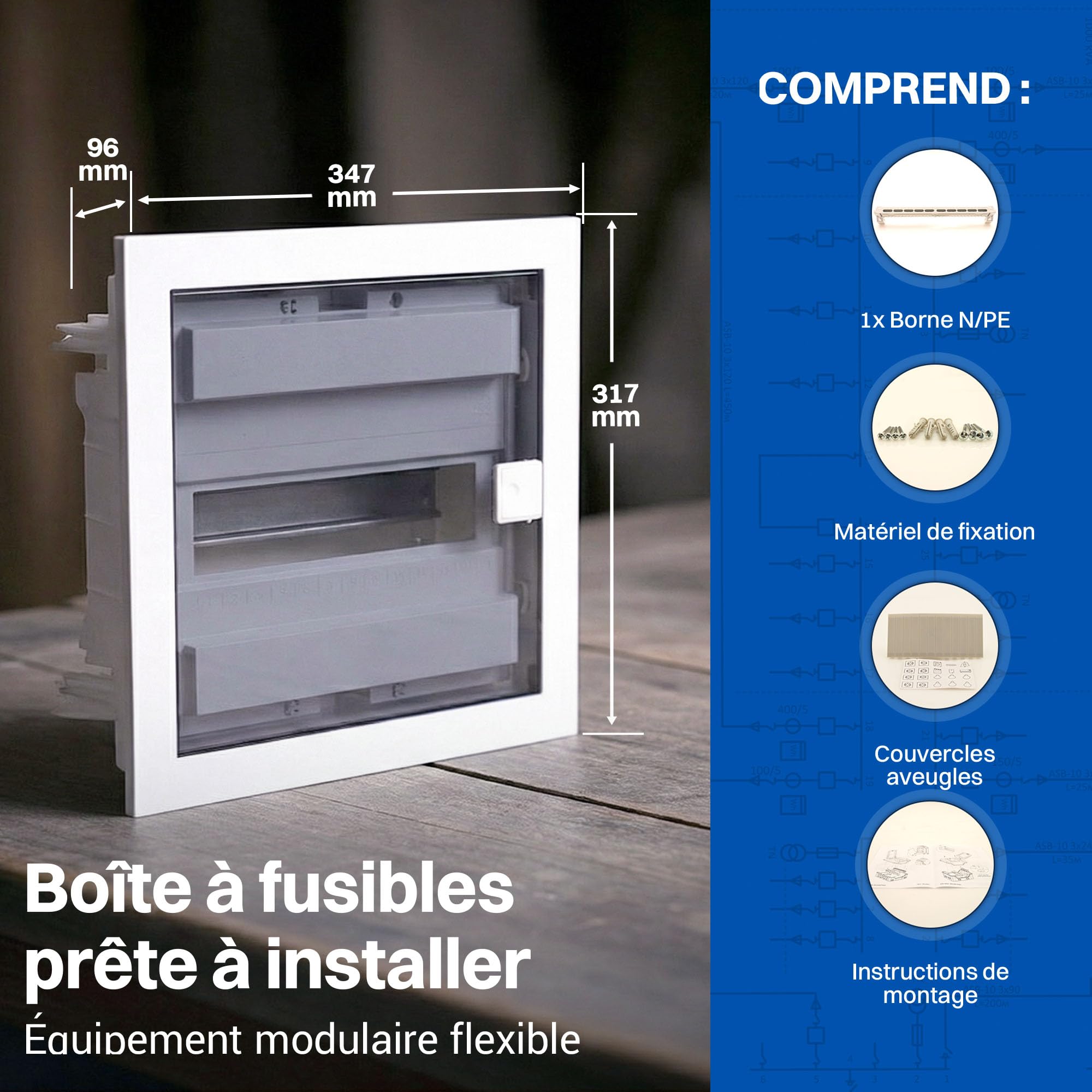 Boîte à Fusibles Encastrée Intratec – 2 Rangées, 24 Modules – IP40, Porte Transparente