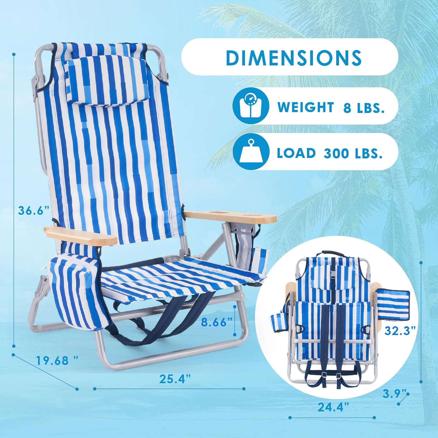 Blue and White Striped Foldable Reclining Beach Chair with Cooler Bag