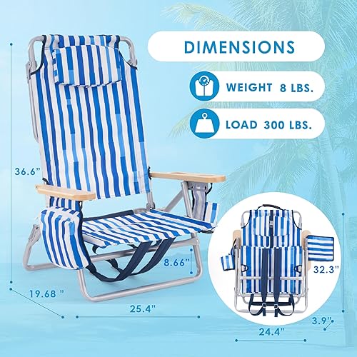 Miniatura 2 de Silla de playa reclinable de perfil bajo para adultos soporta 300 libras  Mochila de gran tamaño con 5 posiciones ajustables para conciertos al aire