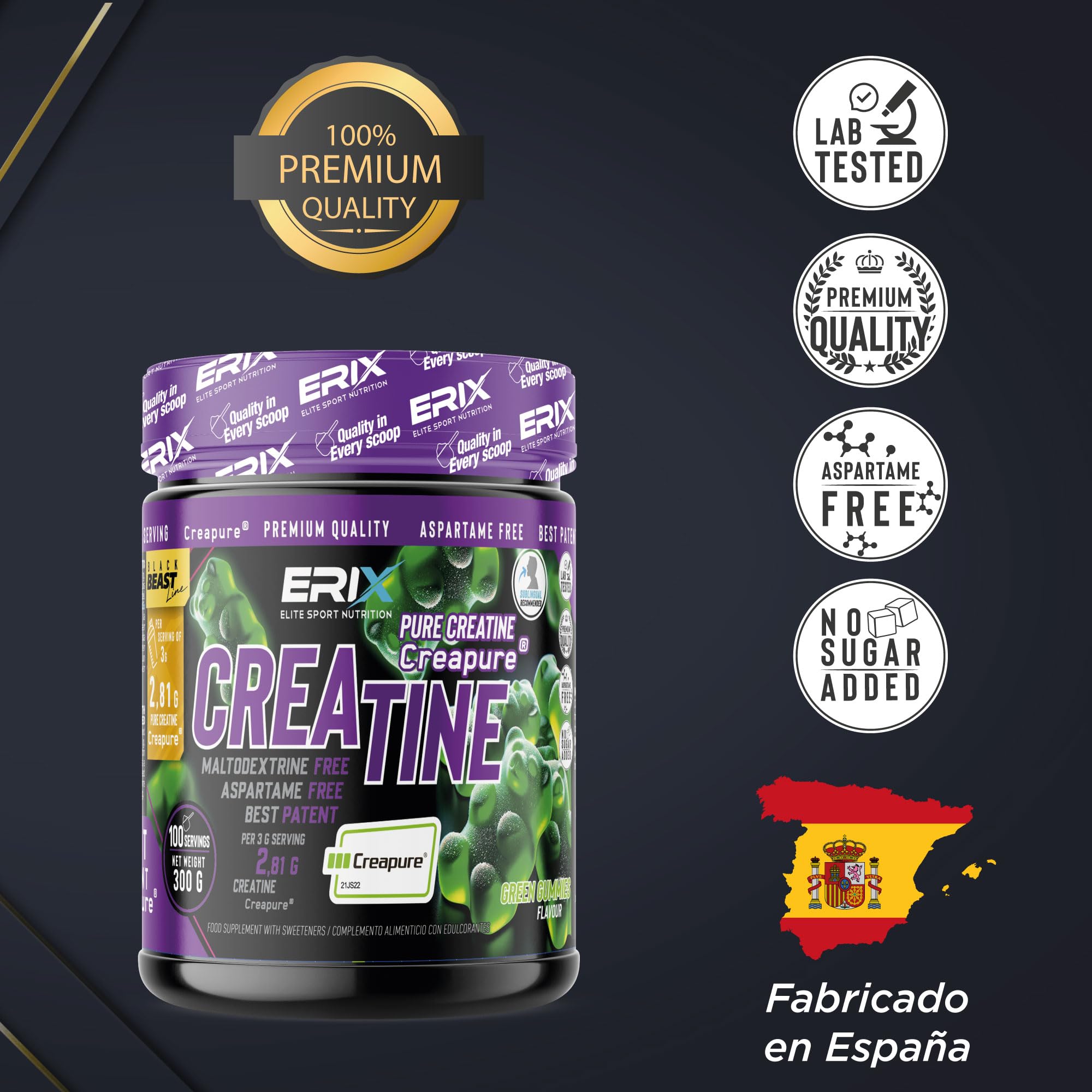 ERIX Nutrición Pack 2x 300g Creatina Creapure en Polvo, Suplemento Deportivo Micronizado para Aumento de Fuerza, Rendimiento y Masa Muscular (Green Gummies)