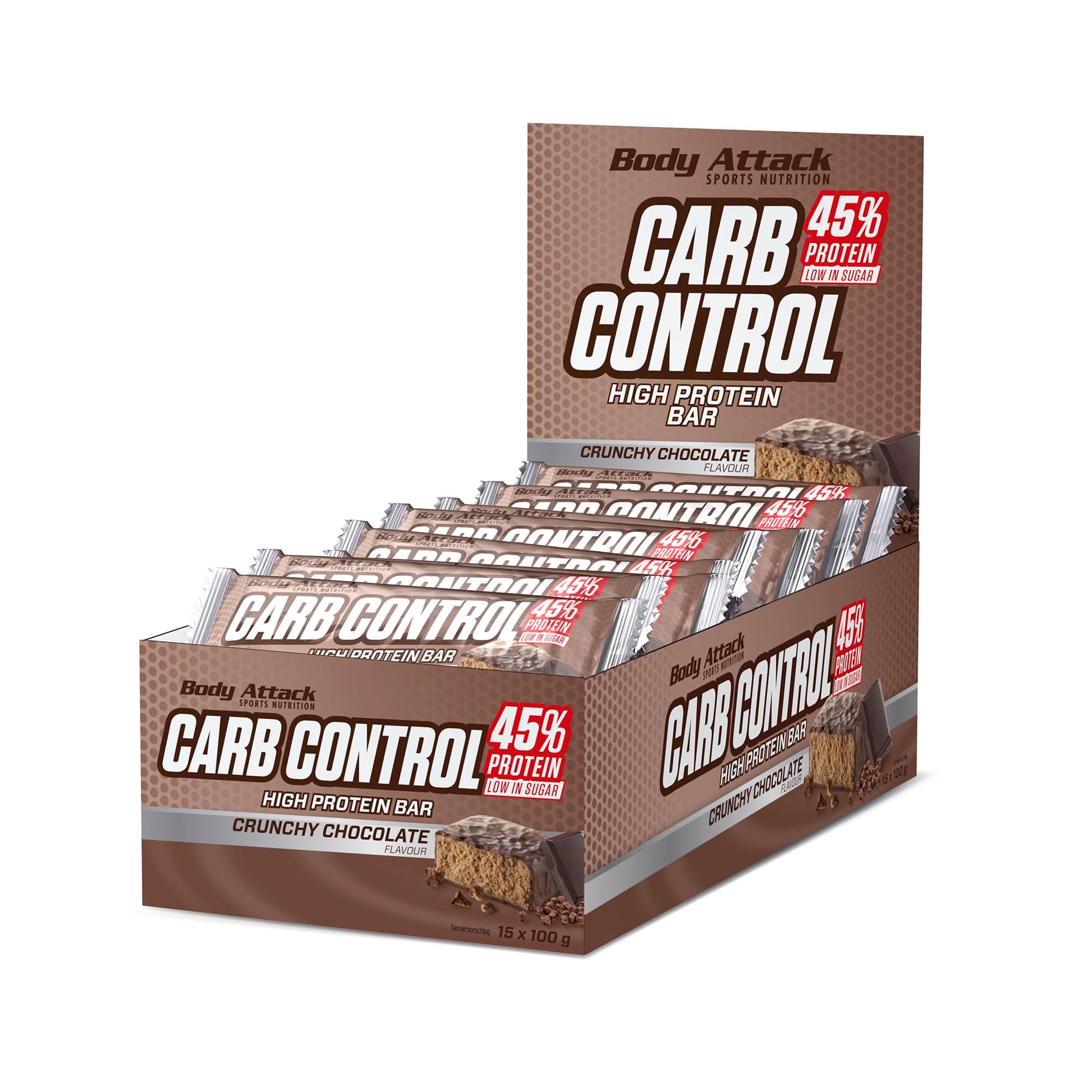 Body Attack Carb Control, Chocolate crujiente, barra proteínica de 100g sin azúcares añadidos, baja en carbohidratos y alta en proteínas, barra proteica con suero, también en la caja mezclada.