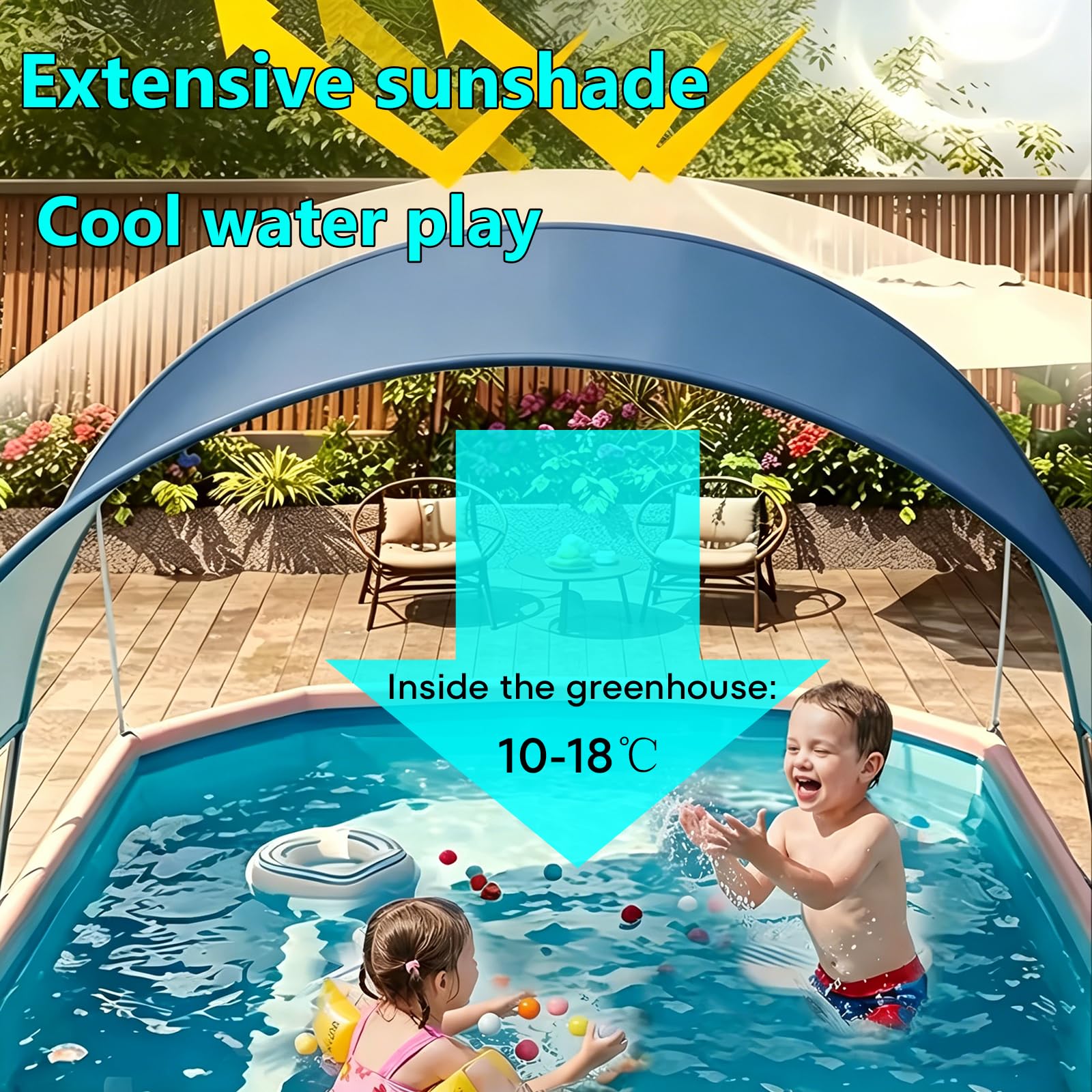Piscina Pieghevole, Rettangolare Fuori Terra con Tettuccio Parasole – Non Gonfiabile, Telaio in Acciaio, PVC Resistente, Piscina per Cani per 1-6 Persone, Adulti & Animali
