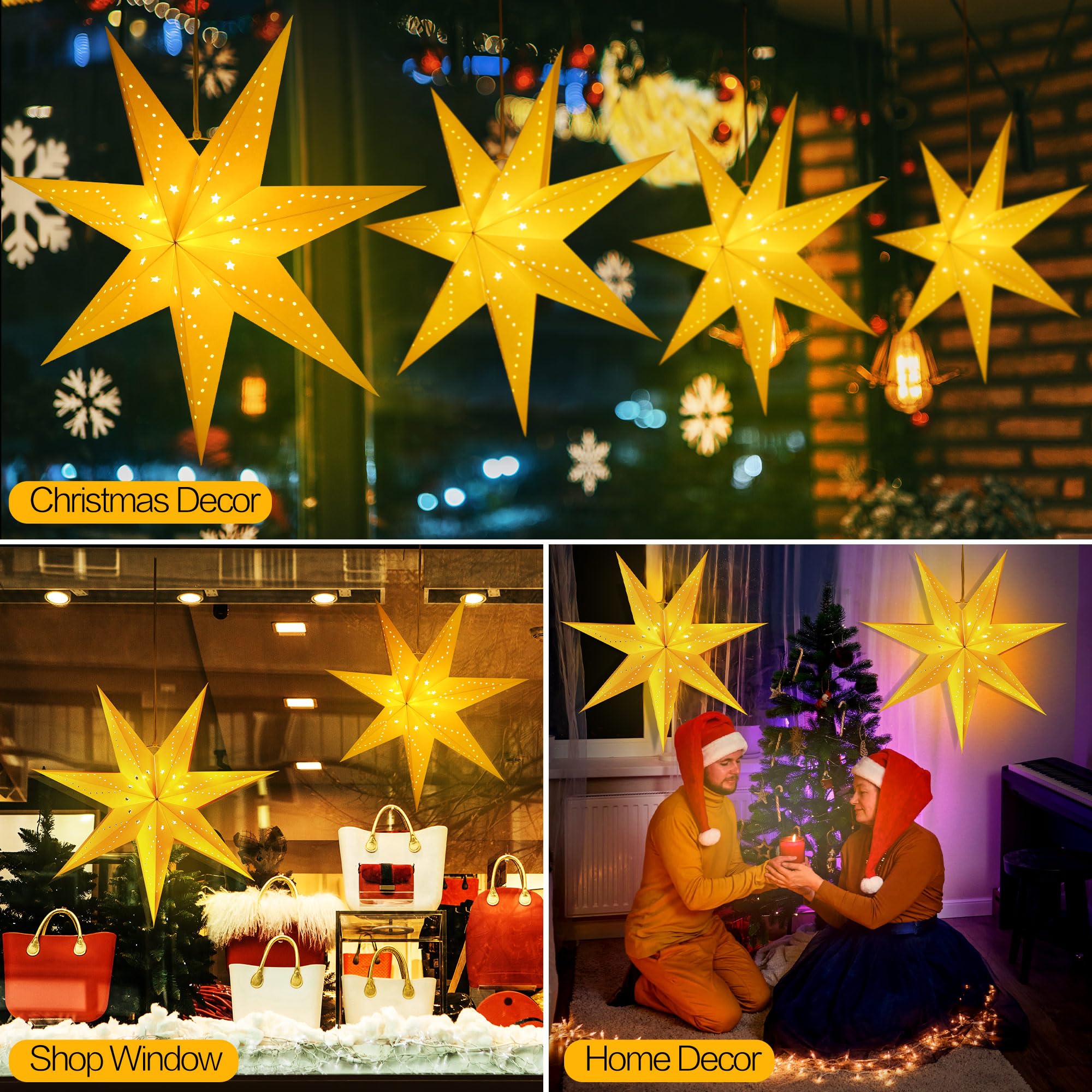 24 Inch Star Paper Lantern, 8 Mode 50 LEDs Firework Fairy String Lights, Light up Hollow Out Star Hanging Decoration for Indoor Outdoor Room Wedding Christmas Party (Heptagram,4 Pack)