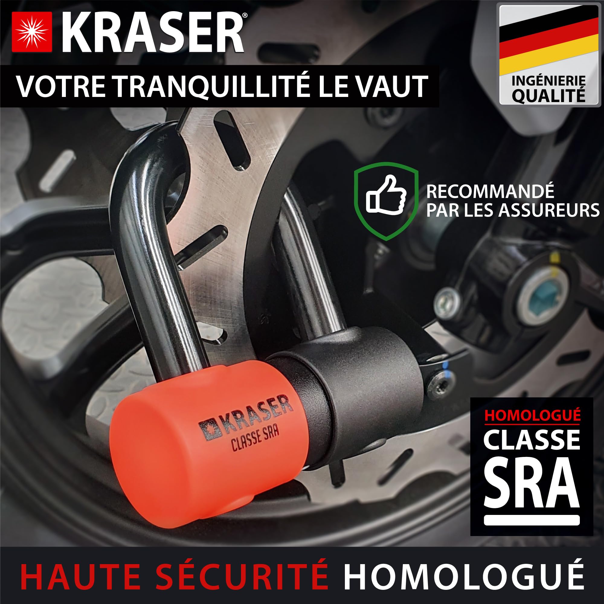 KRASER KR50 Antivol Moto Homologué SRA | Robuste Bloque Disque Mini U ø18 (autres 16) | Plus Compact 45x65 Facile à Ranger | Double Verrouillage Cémenté, Résistance au Vol 10/10, Recommandé Assurances