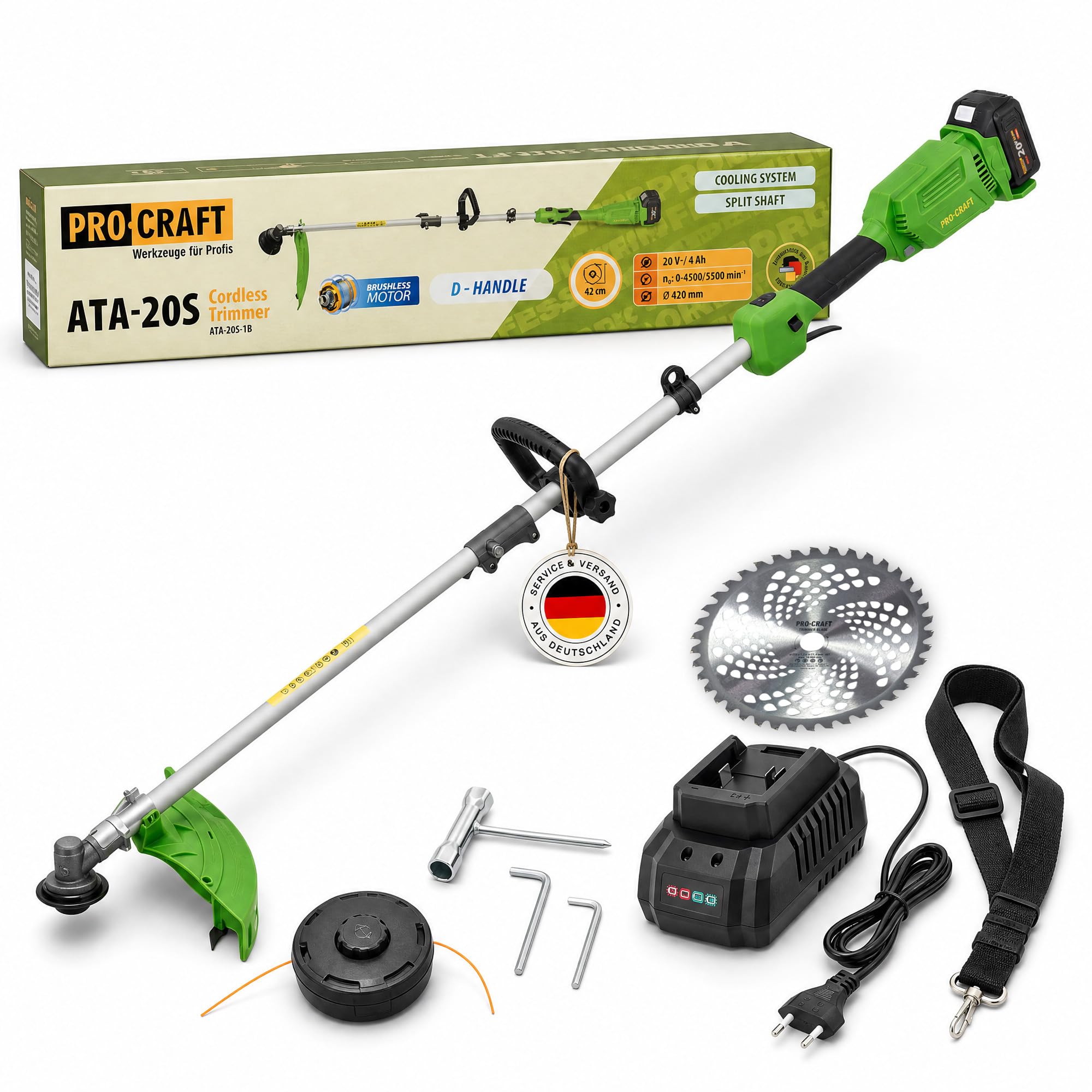 Procraft ATA-20S akumulatorowa podkaszarka 20 V 420 mm bezszczotkowa + 1 x akumulator 4,0 Ah + ładowarka