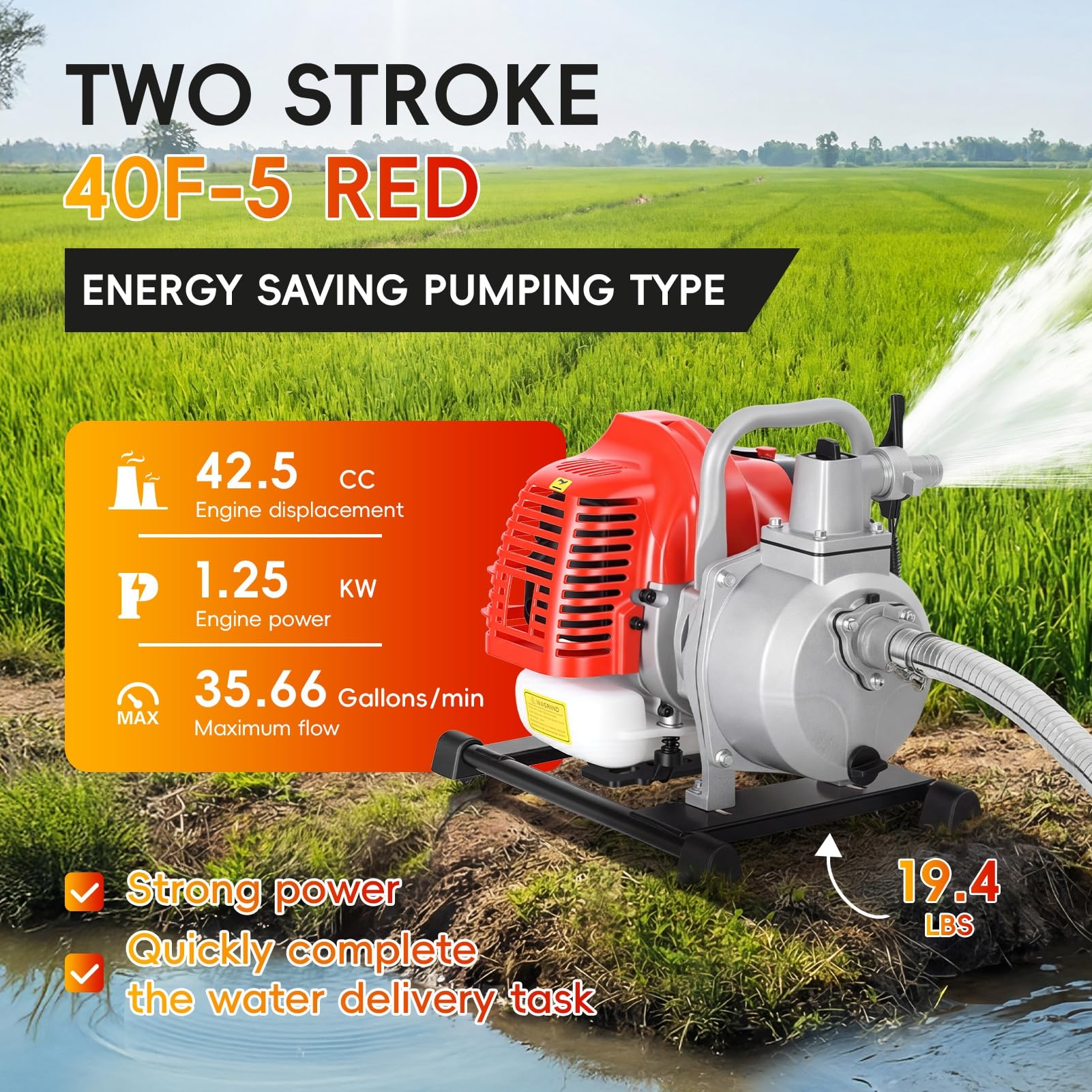 Motopompe Thermique 42.5CC (1.25 kW) - Pompe à Eau Thermique à Essence 9756 L/h (30m) - Pompe de Surface, Arrosage Jardin et Vide Piscine pour Irrigation Agricole Rouge