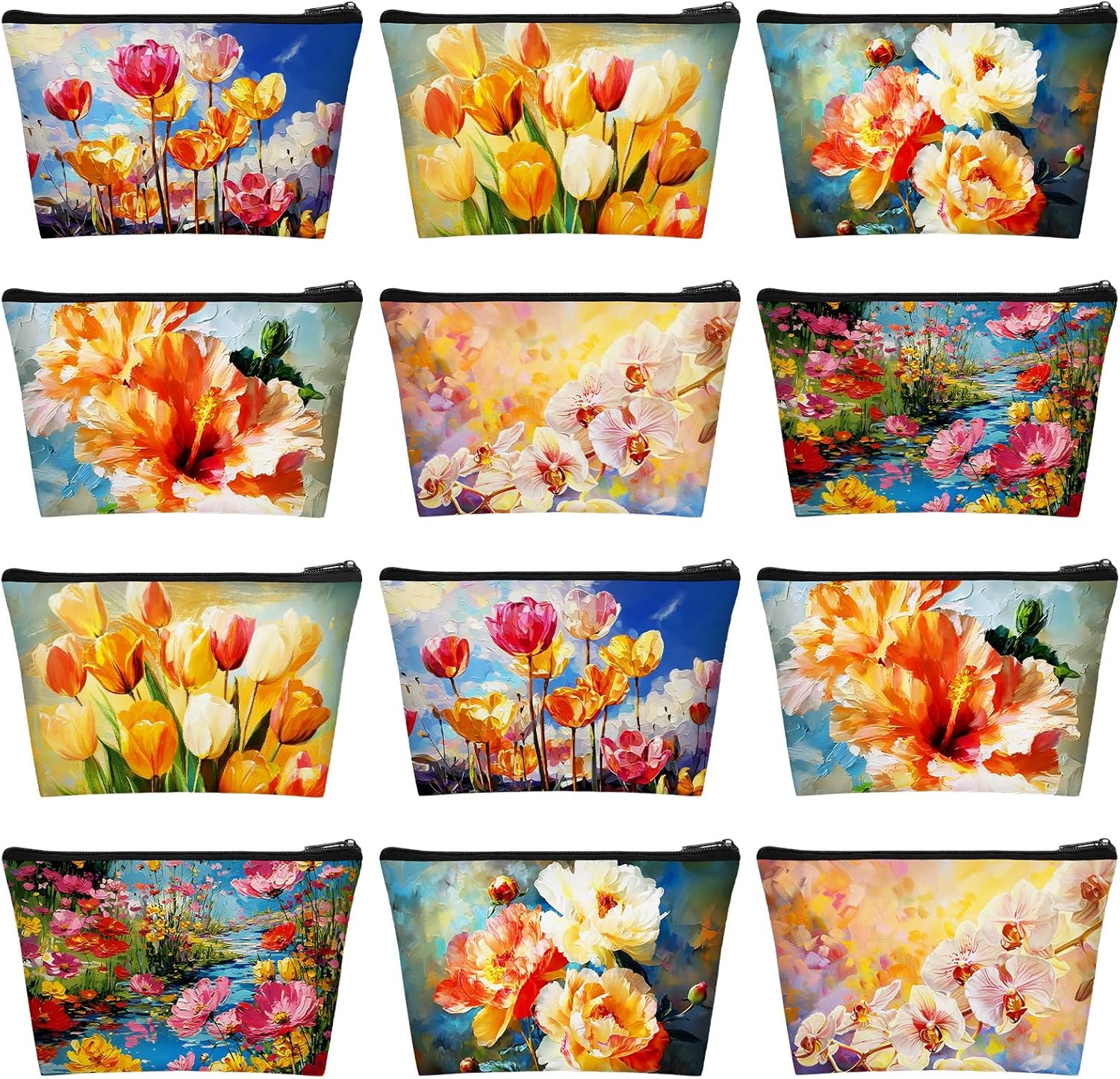 Sweetude 12 Pcs Oil Painting Flowers Makeup Bag Bulk Portable Travel Cosmetic Bags with Zipper Retro Floral Waterproof Roomy Travel Beauty Toiletry Organizer Storage Pouch for Women Gifts
