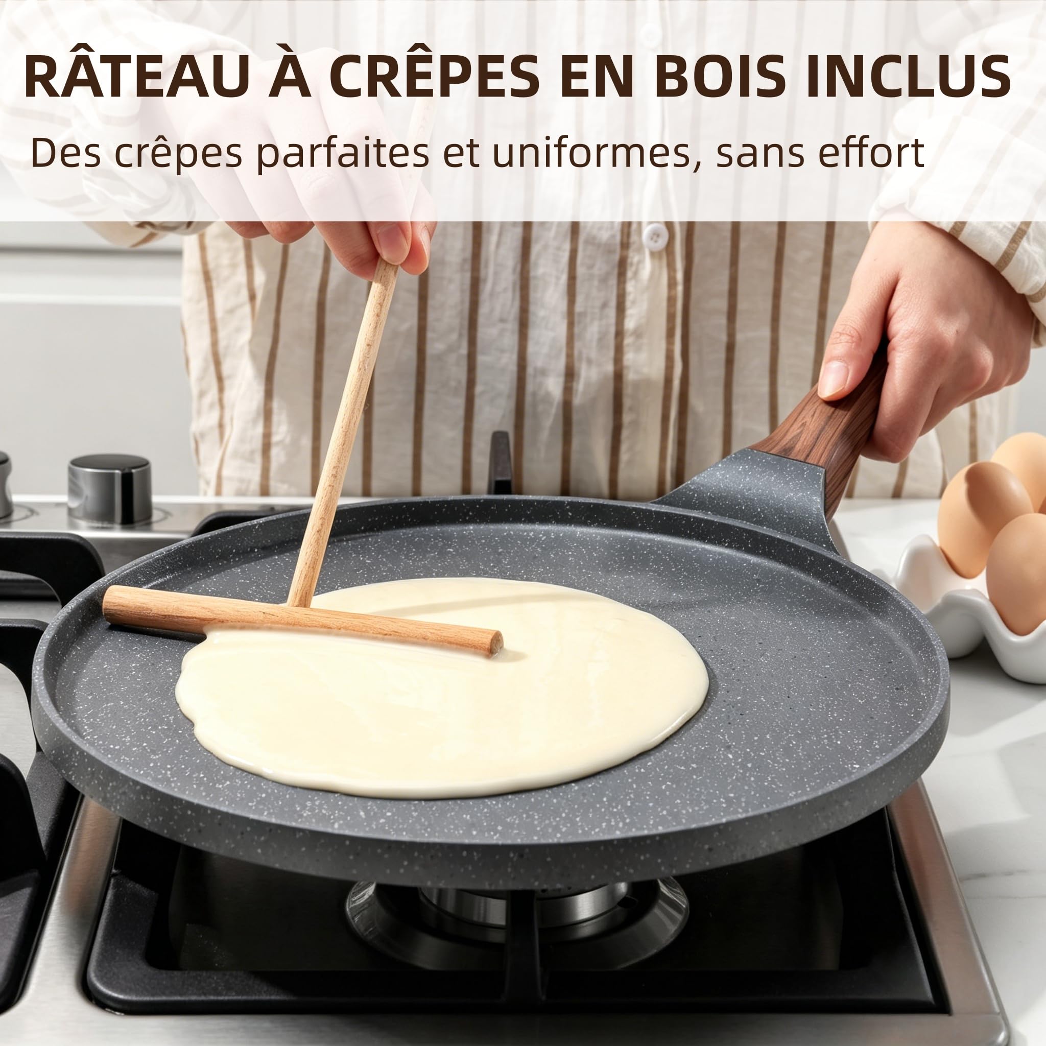 SENSARTE Poêle à Crêpes 26 cm avec Revêtement Antiadhésif en Granit Suisse - Compatible Induction - Crêpière avec Répartisseur de Pâte - Poignée Confortable et Ergonomique