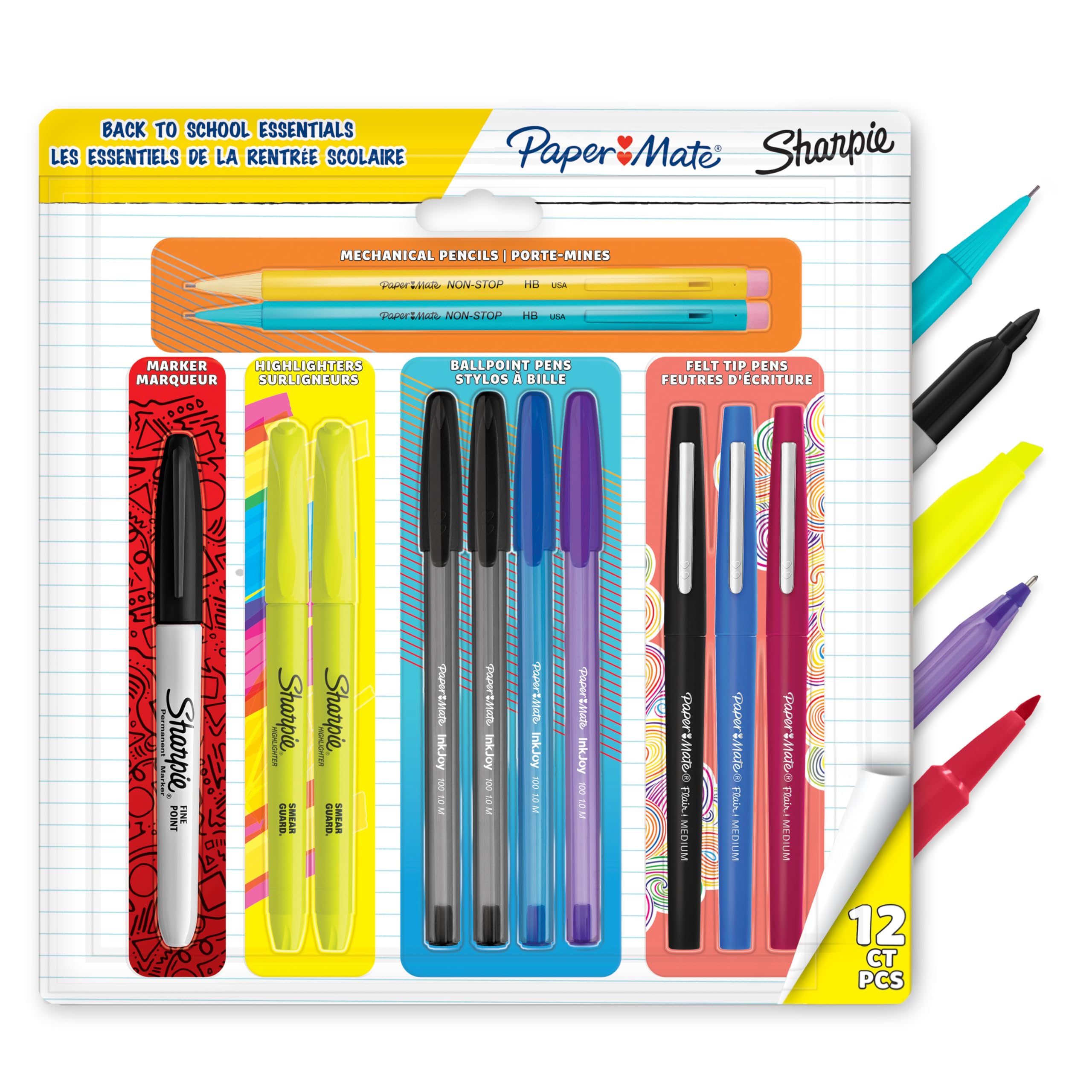 Paper Mate & Sharpie Pens Set | Back to School Stationery Set | Ballpoint Pens, Permanent Markers, Highlighters, Mechanical Pencils & Felt Tips | School & Office Supplies | 12 Count