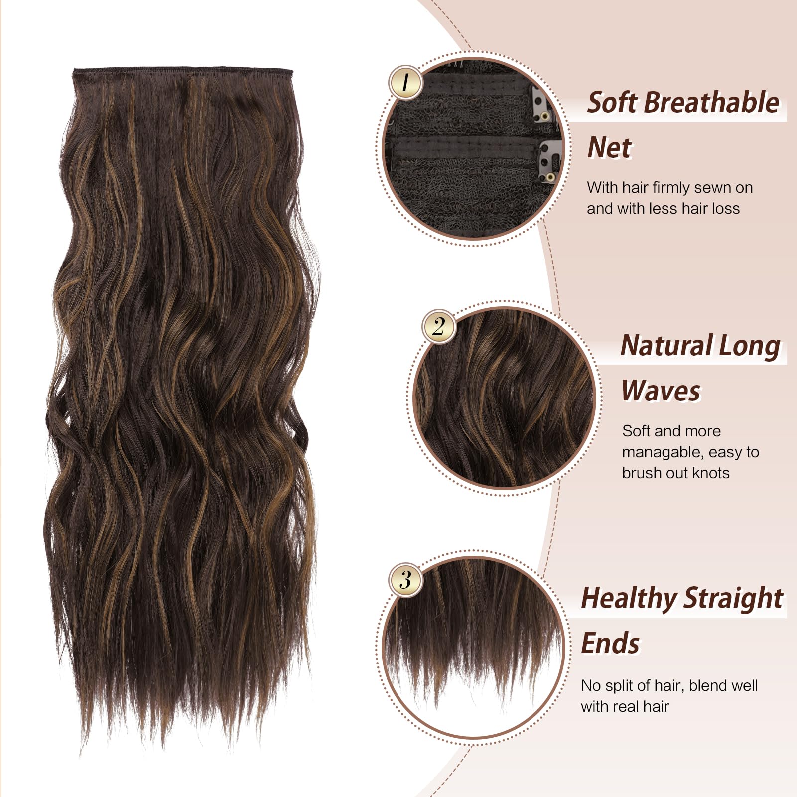 FESHFEN Clip in Hair Extensions 4PCS Black Brown Mixed Light Brown Thick Hair Piece Long Wavy Clip in Extensions Full Head Synthetic Fiber Hairpieces for Women 20 Inch 180g - Image 3