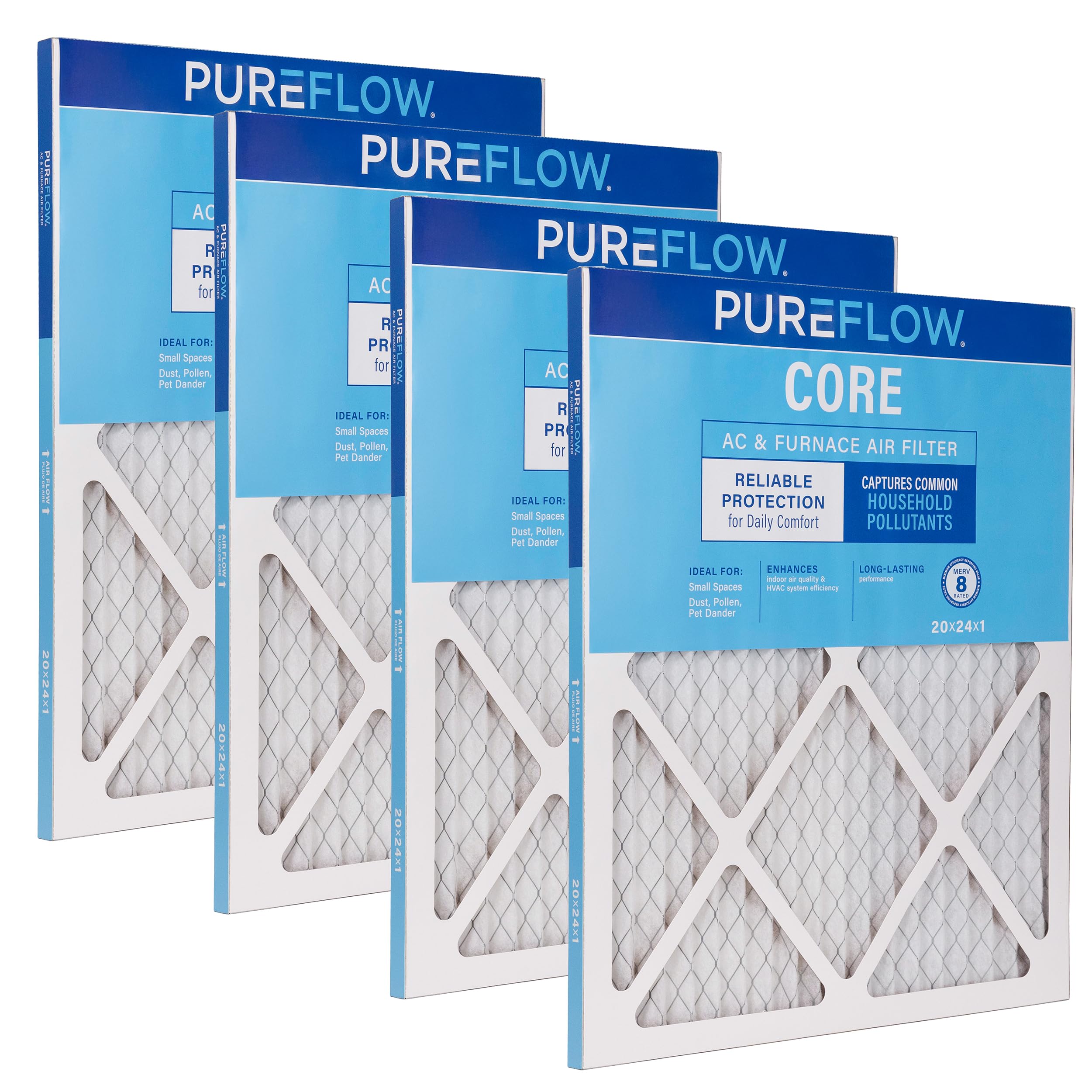 PUREFLOW Home Air Filter MERV 8, 20x24x1 Furnace Filter, 4 Layer High Efficiency Filtration for Dust, Smoke, Fumes, Pollutants (4-Pack)
