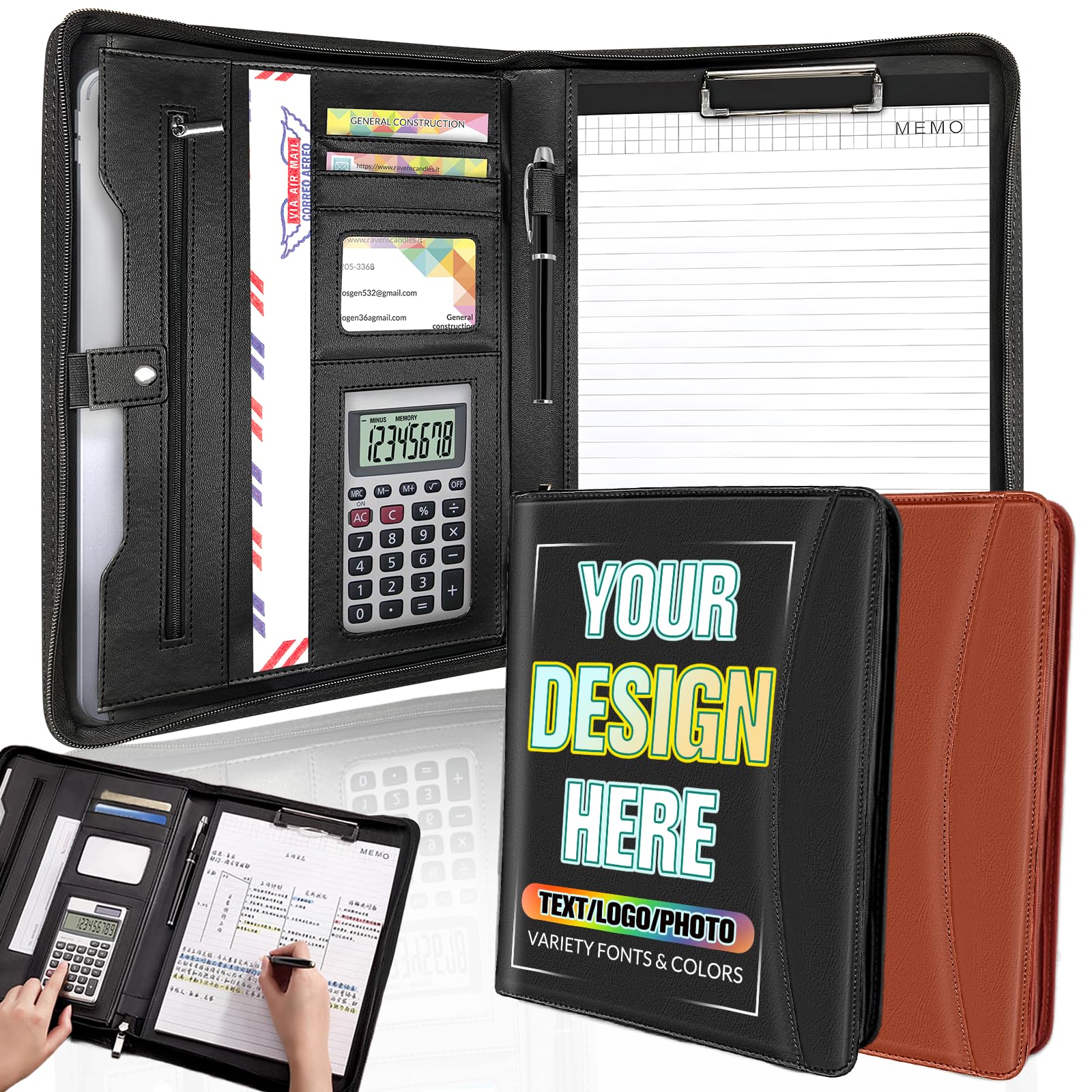 Personalized Portfolio Leather Custom Padfolio for Men Women Customized Binder with Logo/Text/Photo, Professional Folio with Zipper for Business,
