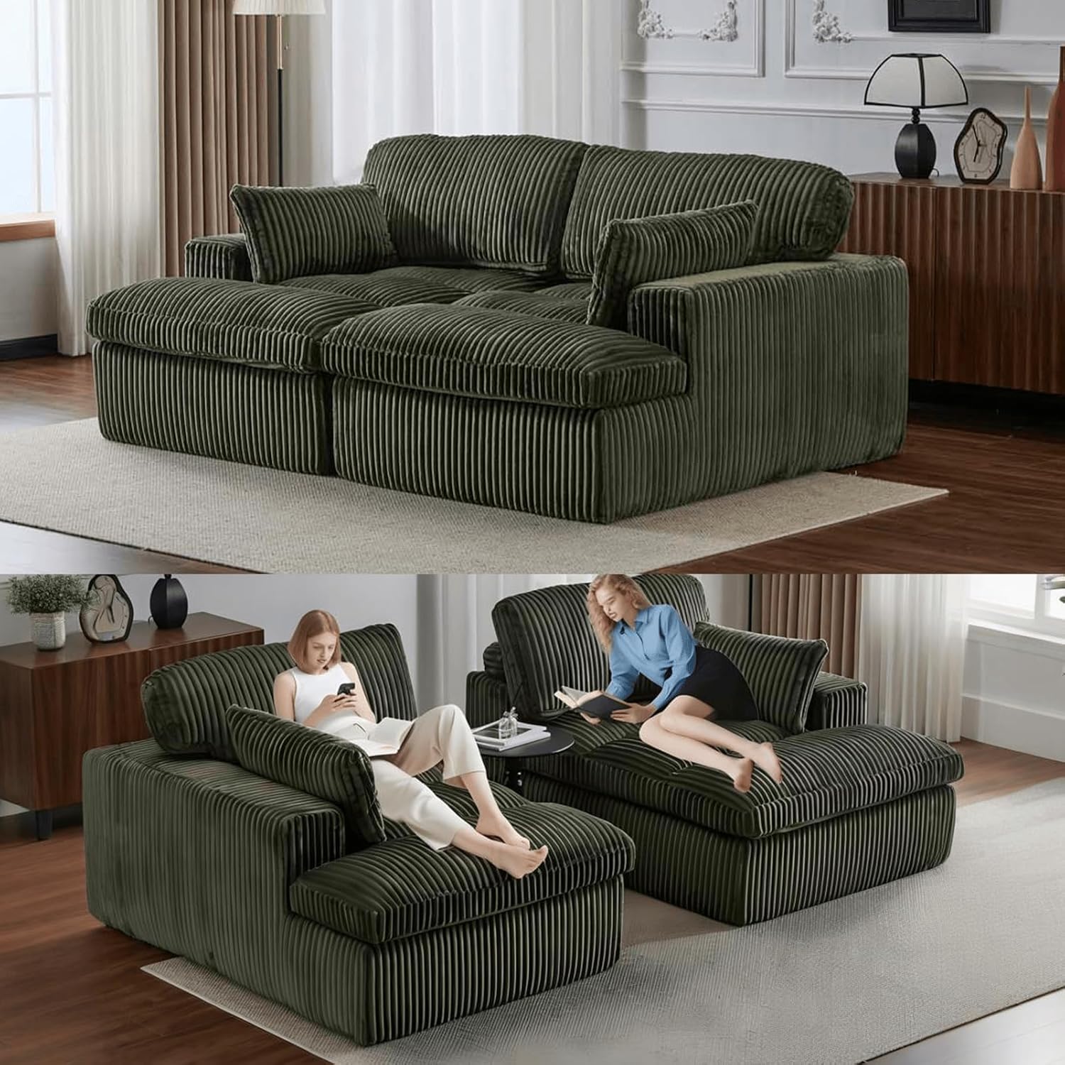 Double Chaise Lounge Chair Indoor, Oversized Upholstered Sleeper Cloud Couch, Deep Seat Luxury Sofa Bed, Sectional Sofa Chaise Loveseat, Corduroy Reading Chair (Green, 2 Seat Loveseat Chaise)