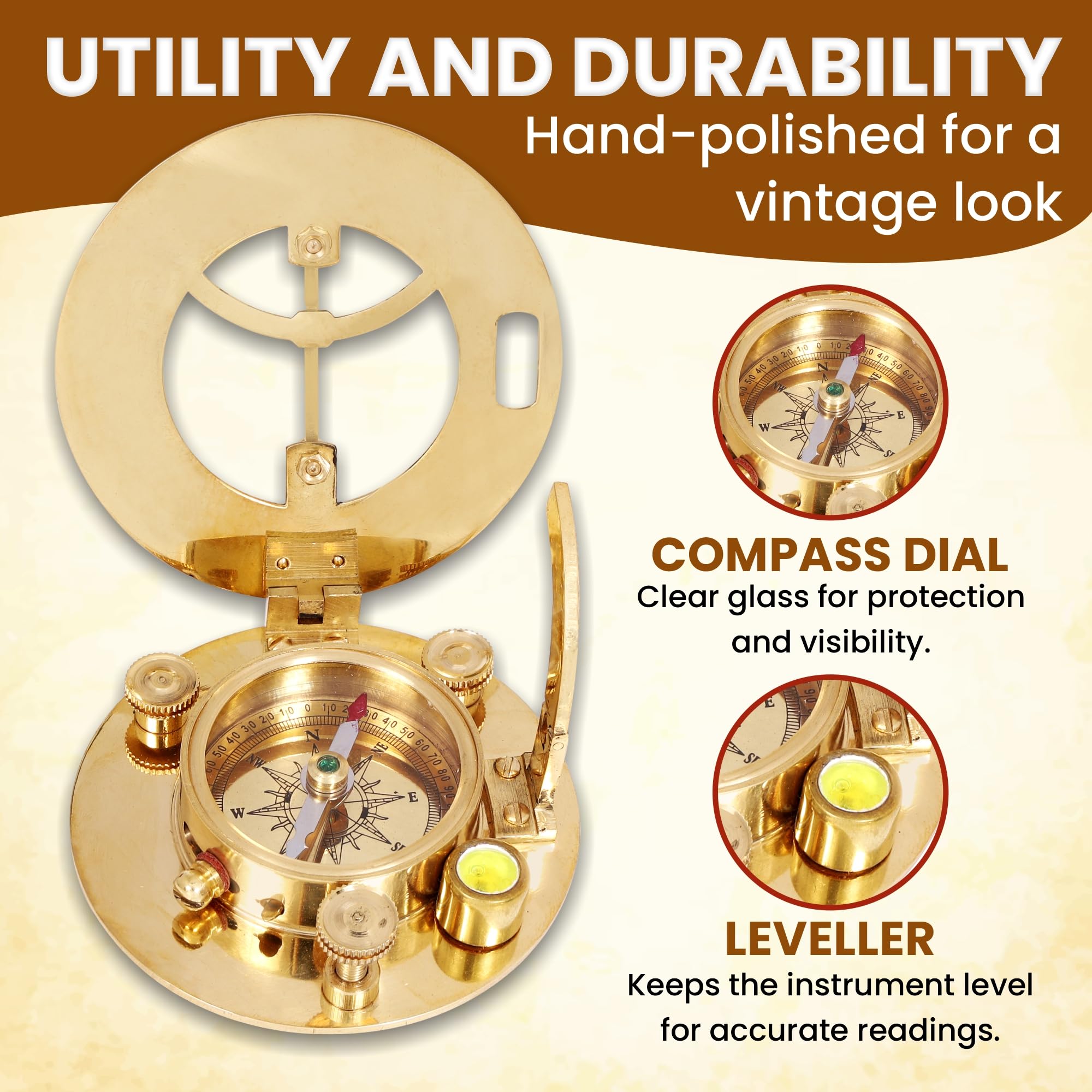 Brújula de latón de alta calidad, instrumento de navegación retro vintage, regalo dorado náutico, viene en una exquisita caja de cuero de grano superior con detalles intrincados, reloj de sol