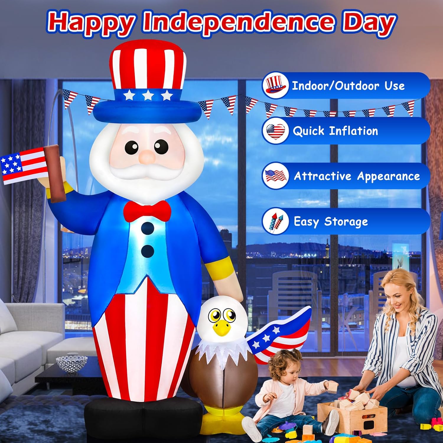 Danxilu 6 FT 4th of July Inflatables Outdoor Decorations, Built-in LEDs Patriotic Memorial Day Blow Up Inflatable Uncle Sam with Eagle for 250th Anniversary Garden Lawn Yard Indoor Party Decor