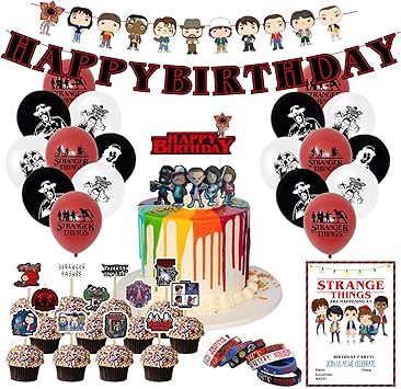 Happy Birthday Banner Stranger Things Amazon.com: Nelton Birthday Party Supplies For Stranger Movie Things  Includes Banner - Cake Topper - 24 Cupcake Toppers - 18 Balloons - 10  Invitations - 8 Bracelets : Toys & Games