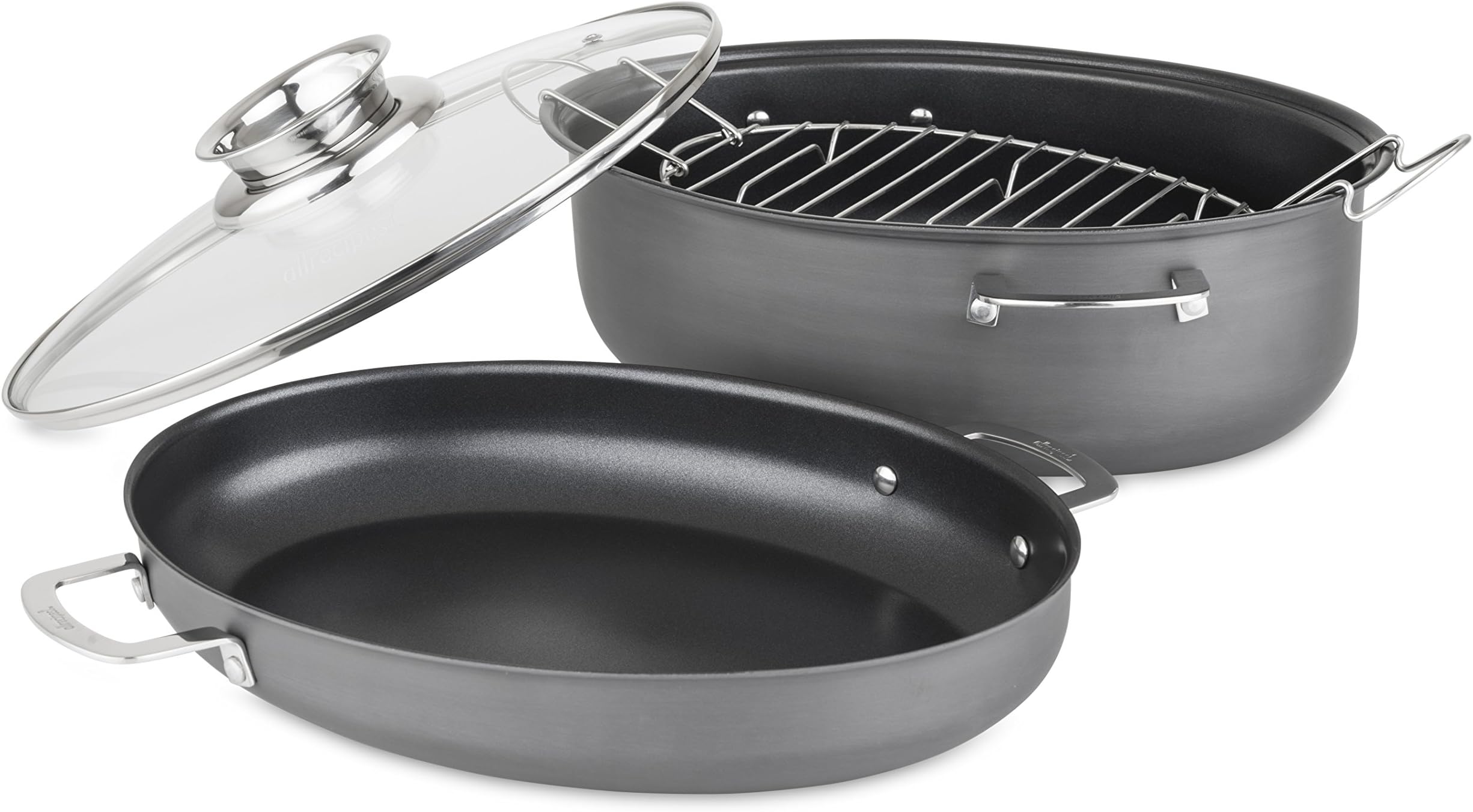 Allrecipes Hard Anodized Nonstick 3-in-1 Oval Roaster with Au Gratin & Aroma Lids, 4Piece, 8.5 quart, Black