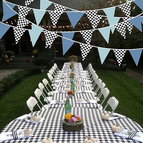 Vista 7 de Decoraciones de Fiesta de Carreras de 32 Pies Azul Polvoriento Negro Blanco a Cuadros Banner de Tela de Auto de Carreras Bandera Triangular Banderín