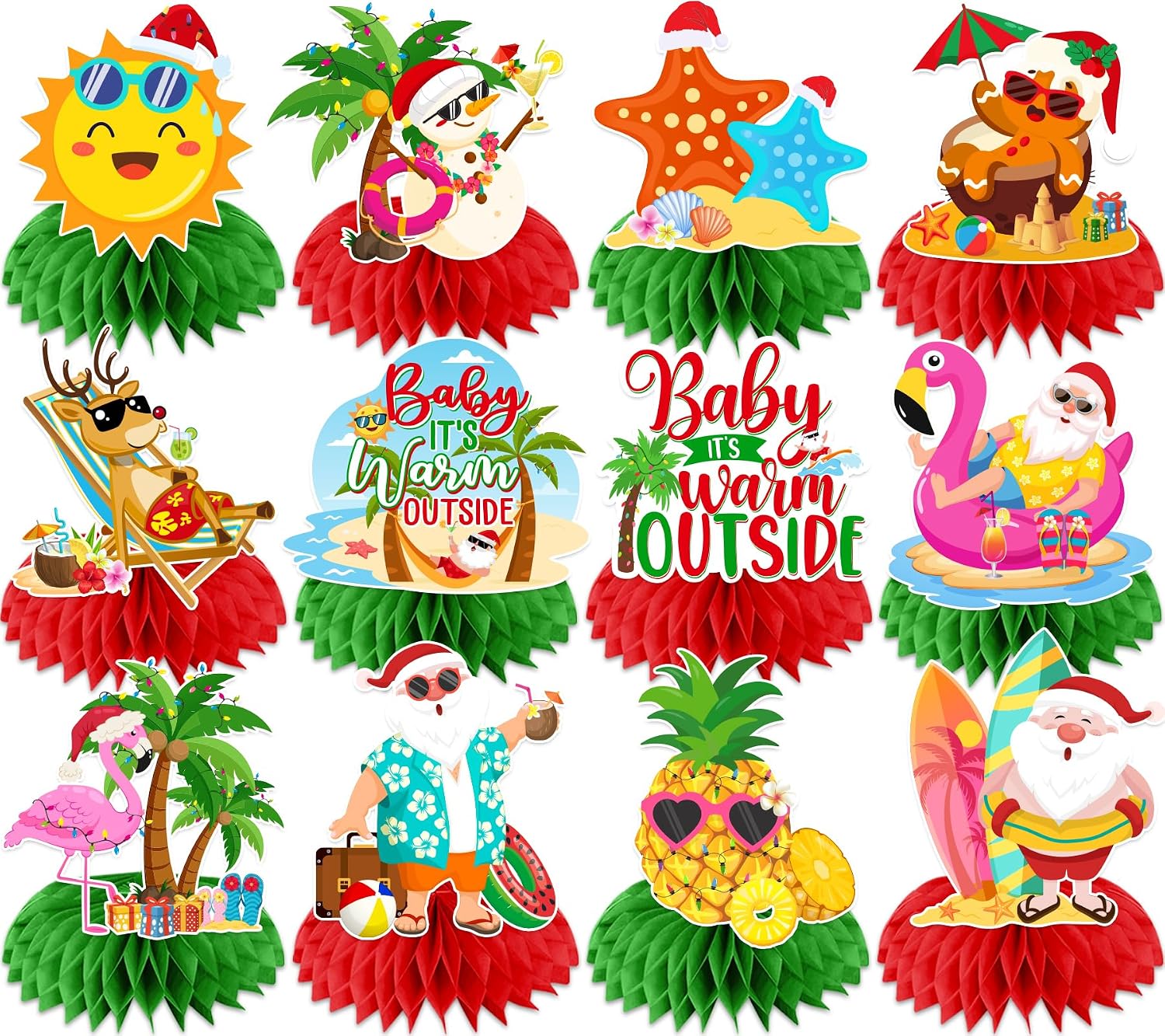 Tropical Christmas Decorations Honeycomb Centerpieces, 12Pcs Summer Christmas Decorations for Table, 3D Beach Theme Christmas Decorations Table Toppers for Hawaiian Luau Beach Theme Christmas Decor