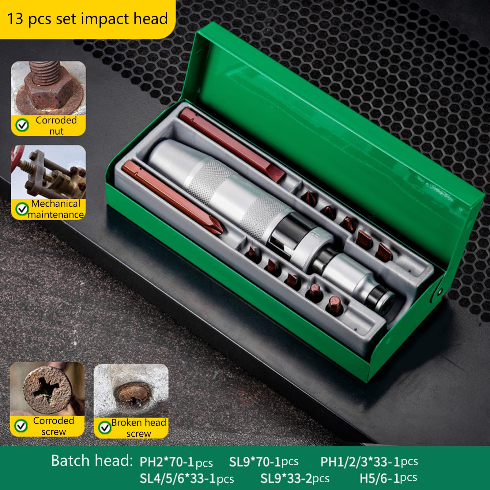 Juego de Destornilladores de Impacto manuales para extraer fácilmente Tornillos oxidados, Tornillos corroídos y Pernos oxidados, 13 Piezas