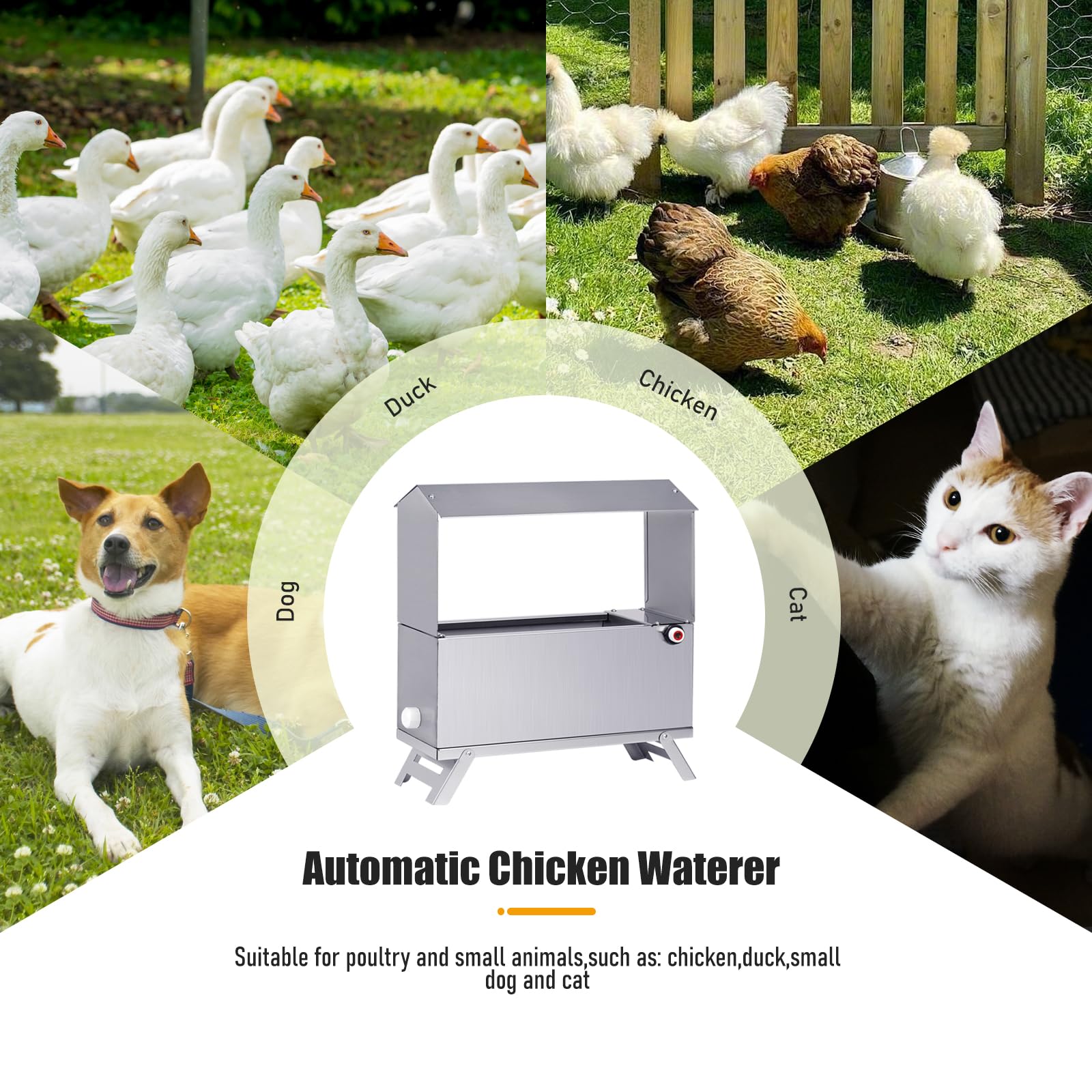 Alimentador automático de agua de pollo de acero inoxidable, kit dispensador de agua de aves de corral controlado por flotador para gallina, paloma, codornices, pavo, pato, ganso, con