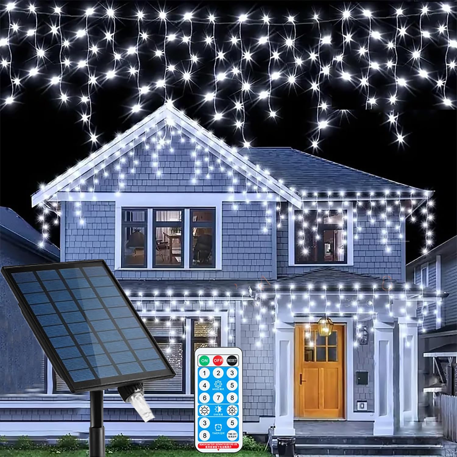 10M 300LEDs Solar Lichterkette Außen Eiszapfen Hängende String Licht mit Fernbedienung,Wasserdicht Eisregen Lichtervorhang Deko Seilbeleuchtung für Hof Hochzeit Garten Balkon Party (Weiß)