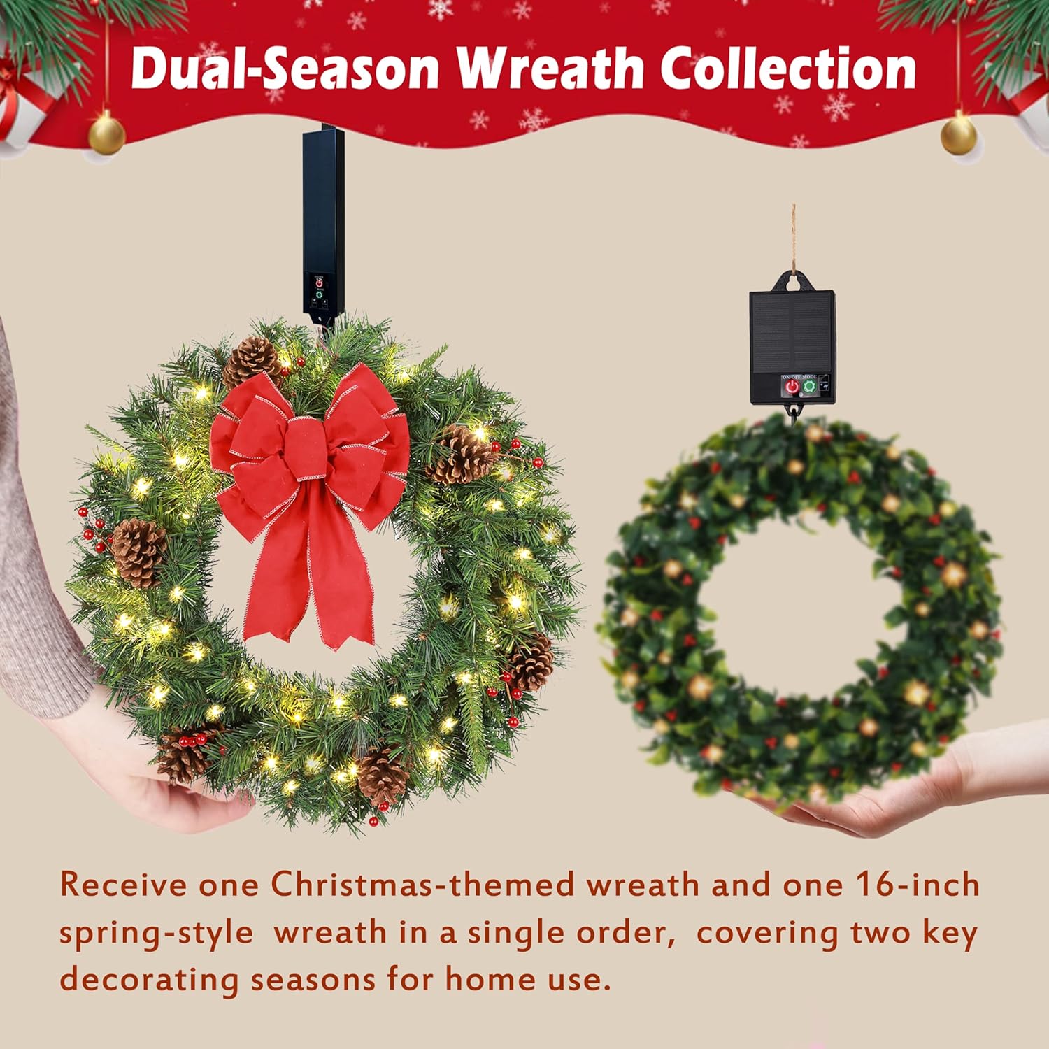 Solar Christmas Wreath 24 Inches Pre-Lit Solar 50 Led Artificial Wreath Outdoor Front Door Window Christmas Decor with Frosted Branches Pine Cones Berry Clusters Red Velvet Bows (2401)